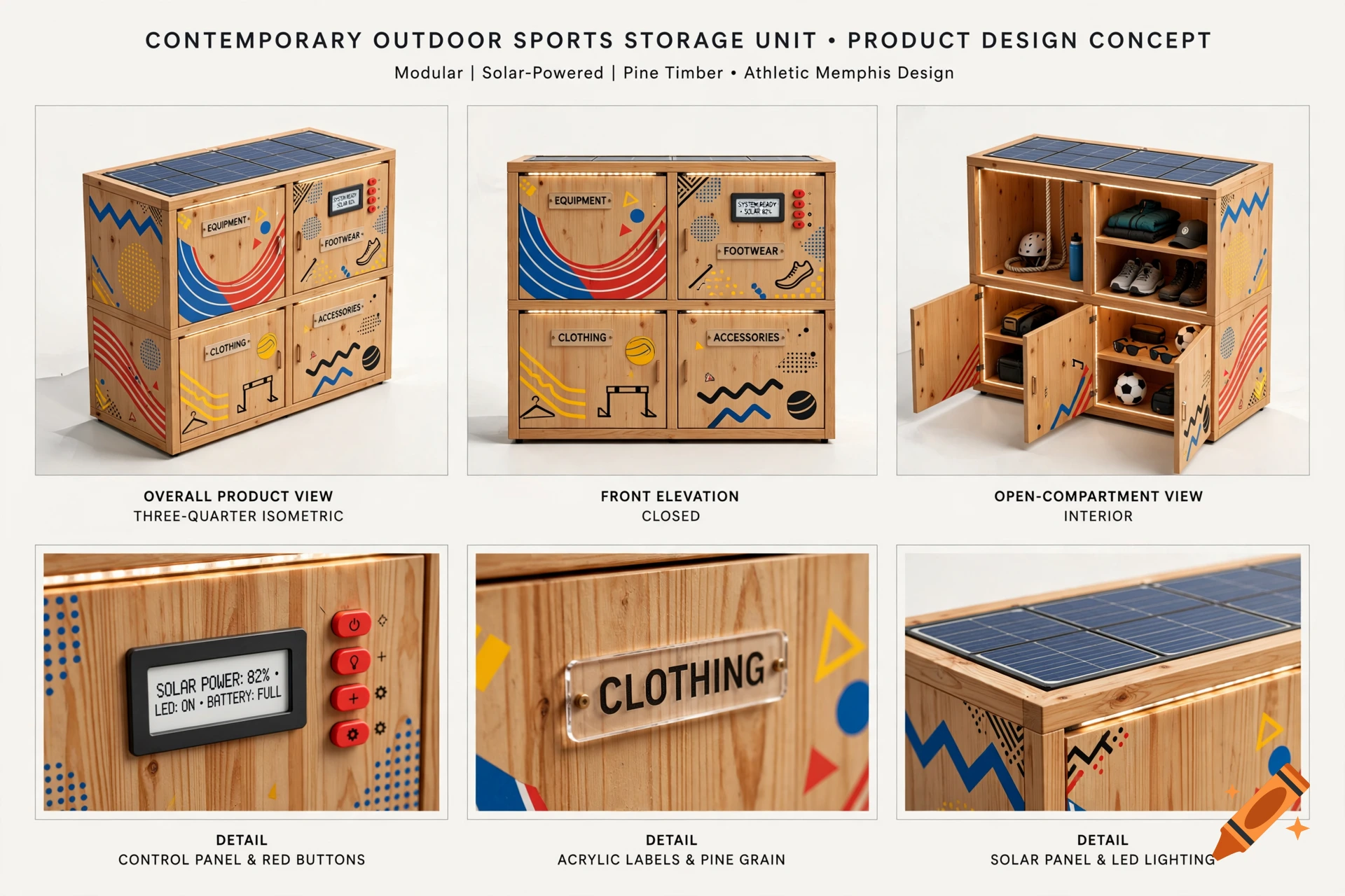 Product design concept sheet showing a contemporary outdoor sports storage unit with pine timber, solar panels, and athletic graphics.