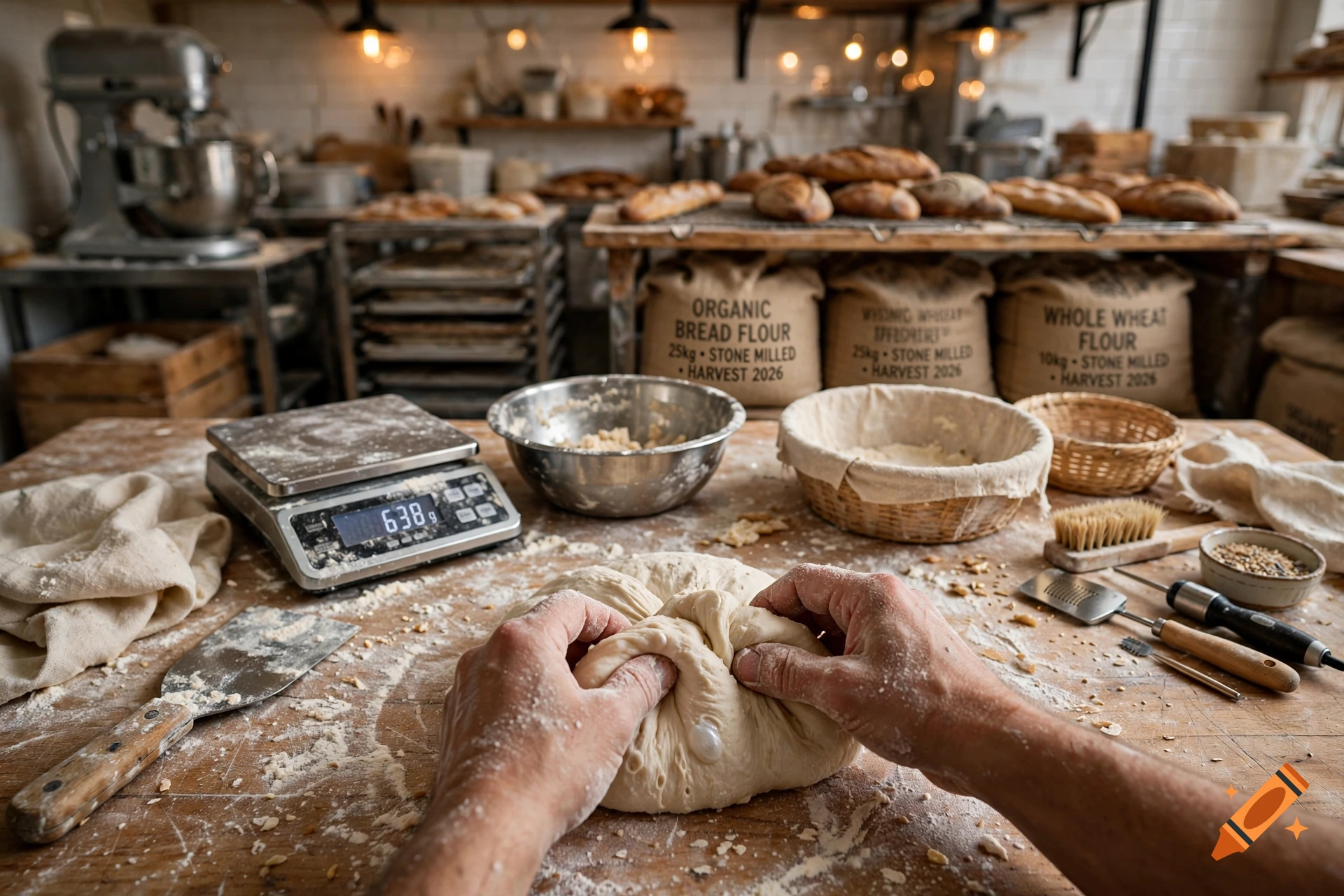 Photorealistic close-up of a baker kneading dough on a wooden table in a busy artisan bakery.