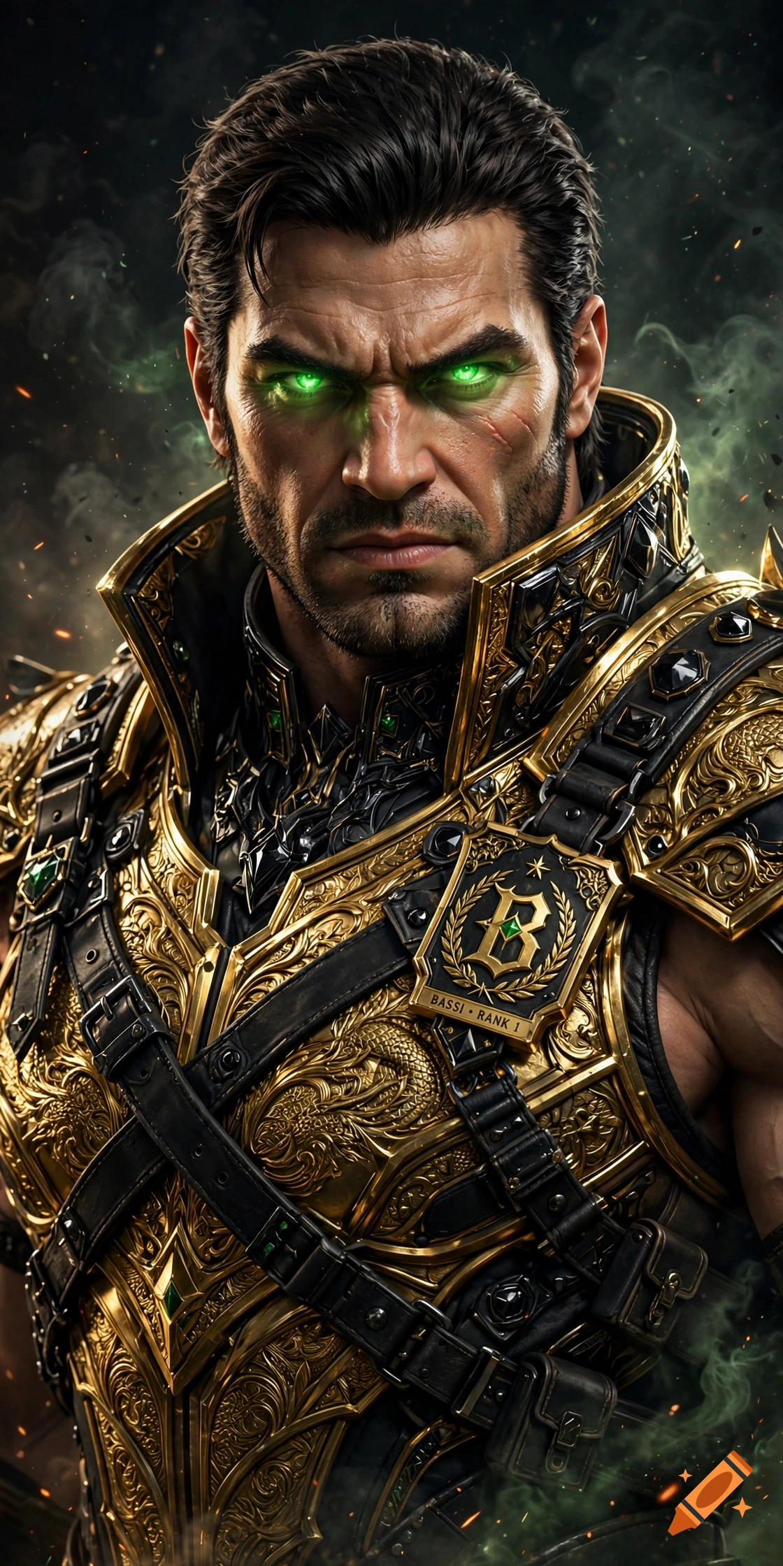 Close-up portrait of a dark-haired man wearing ornate golden armor and glowing green eyes, set against a dark, smoky background.
