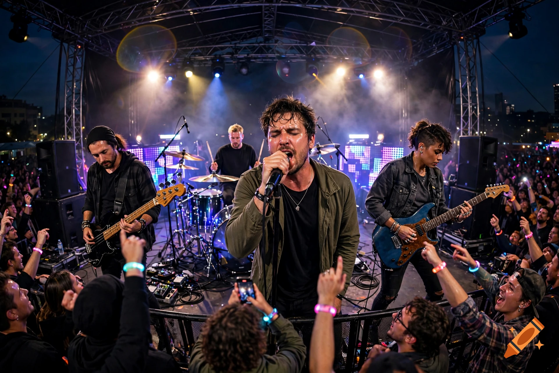 Photorealistic image of a rock band performing live on an outdoor stage with an enthusiastic crowd.