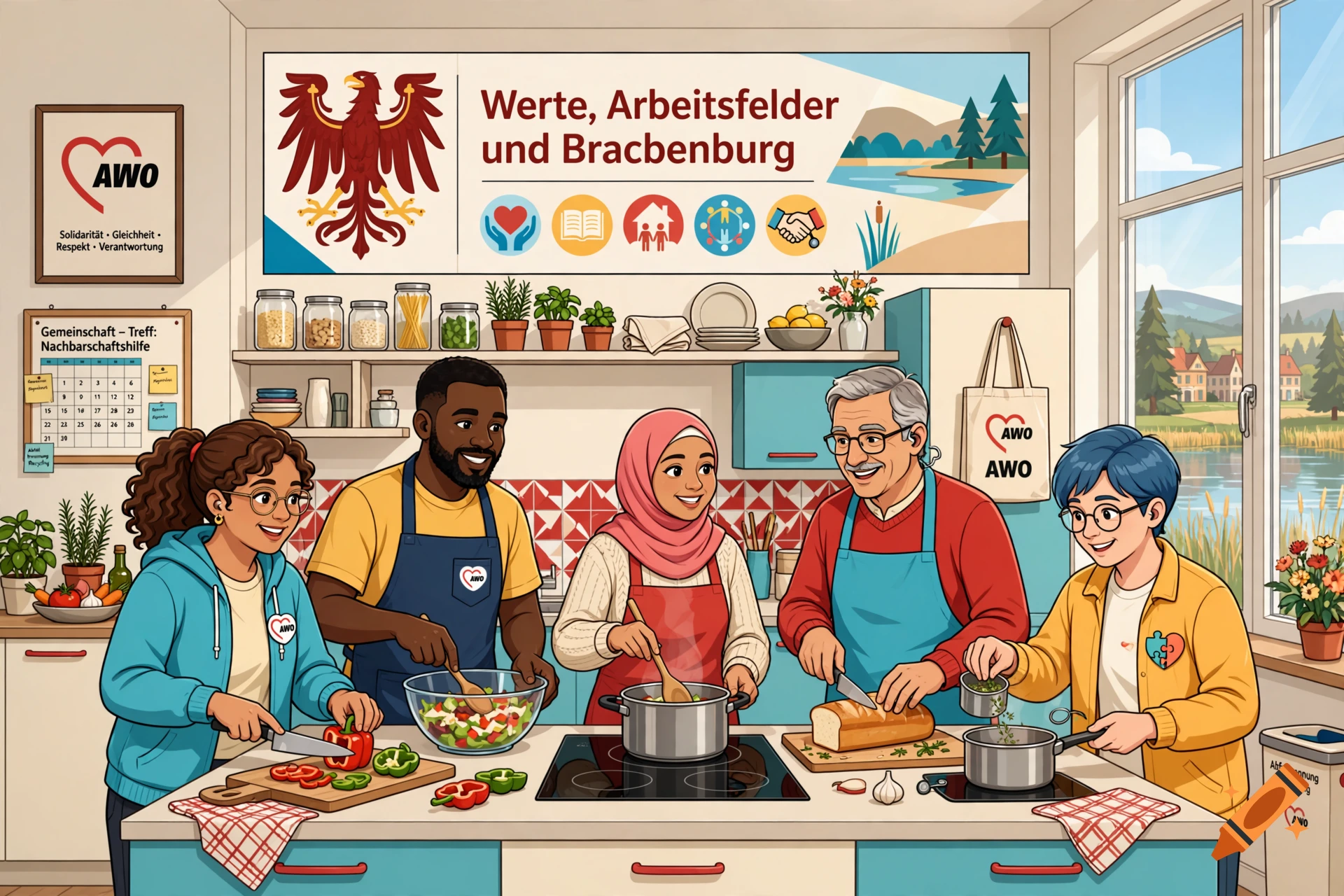 Illustration of a diverse group of people cooking together in a modern kitchen, with a banner and calendar in the background.