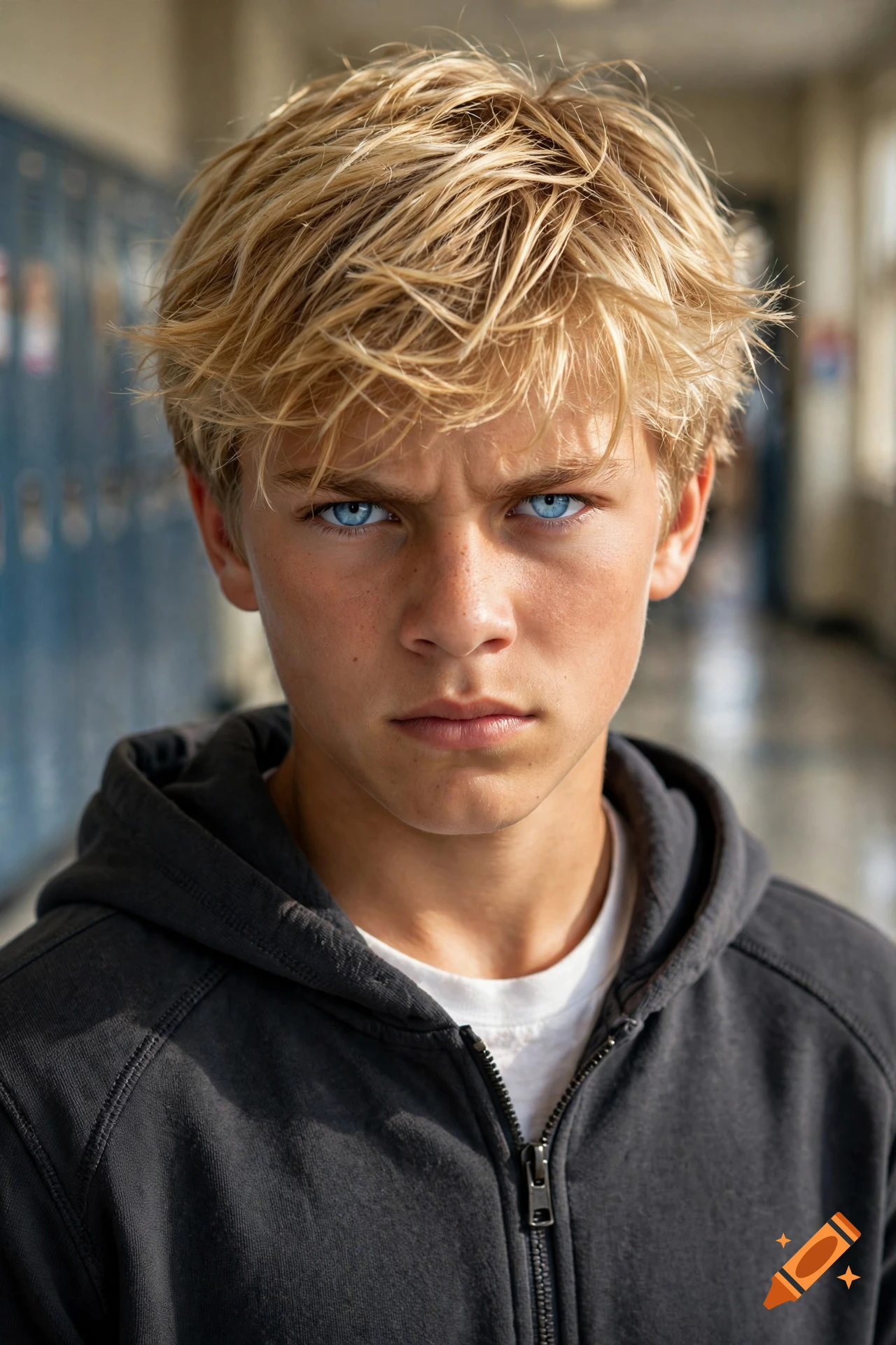 Photorealistic close-up portrait of a 14-year-old boy with blonde hair and intense blue eyes in a school hallway.