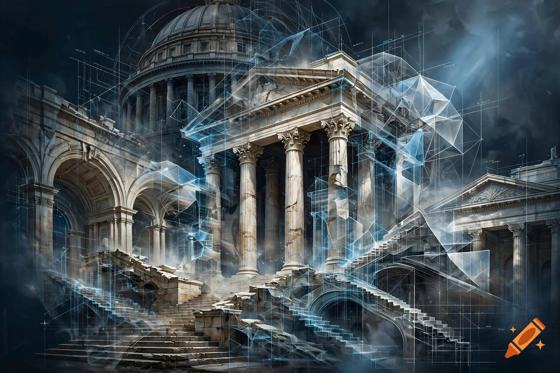 An architectural blueprint overlay on classical ancient buildings with columns and staircases under a dark, dramatic sky.