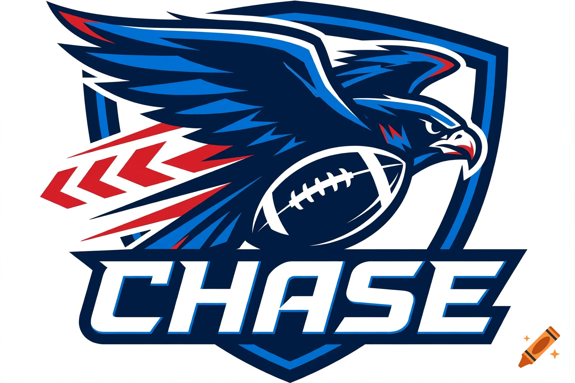 Vector sports logo featuring a blue hawk and a football with the word CHASE underneath, on a shield background.