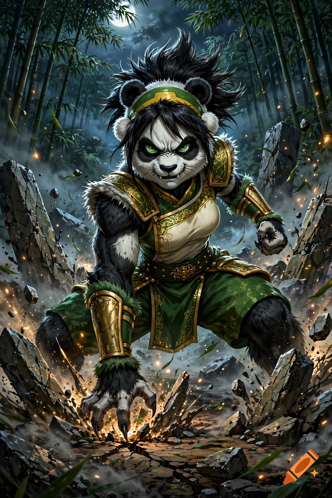 Fierce werepanda character in green and gold armor posing in a bamboo forest at night, digital art.