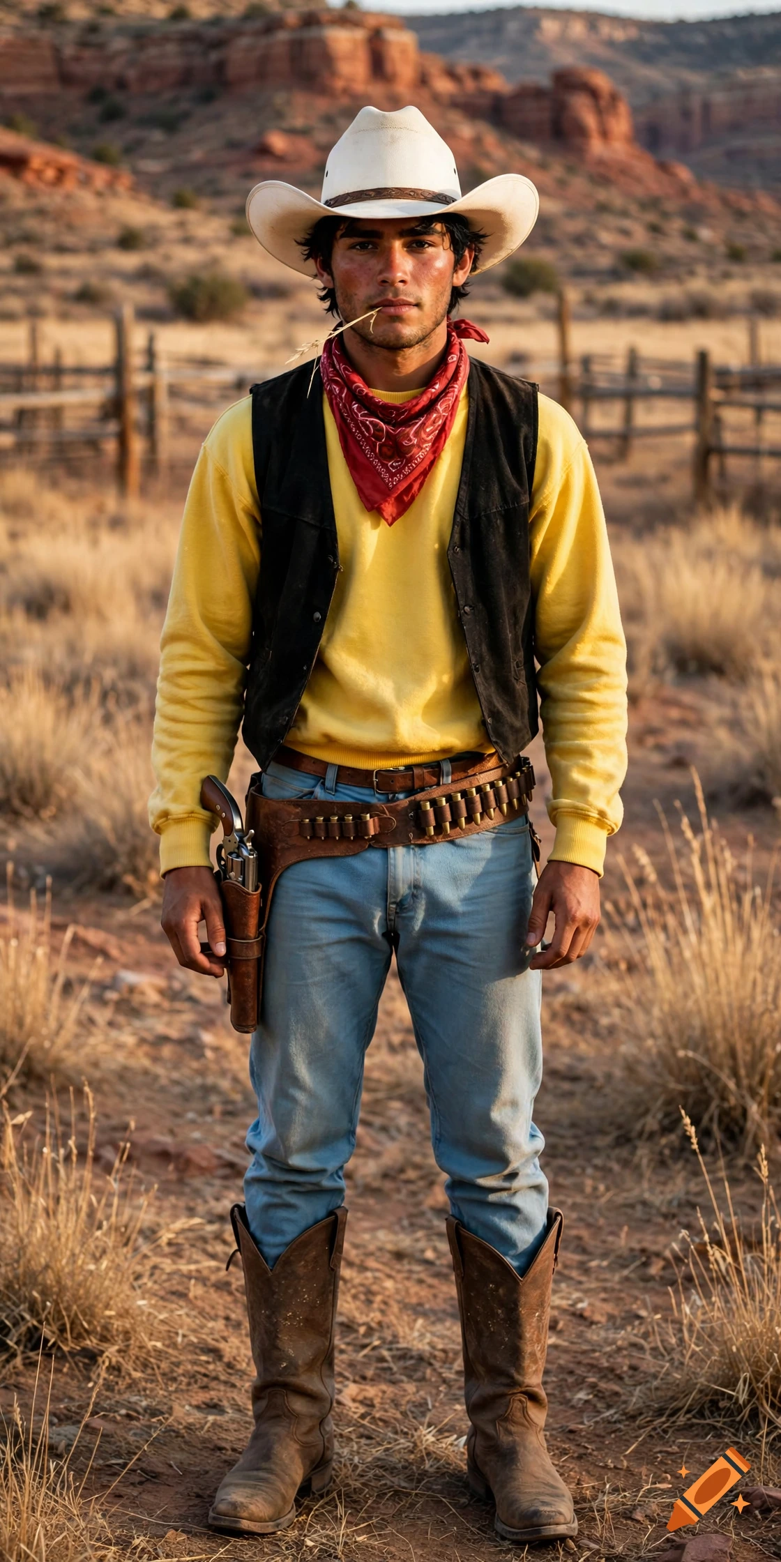 Photorealistic portrait of a young cowboy in a western landscape with a white hat, red bandana, and holster.