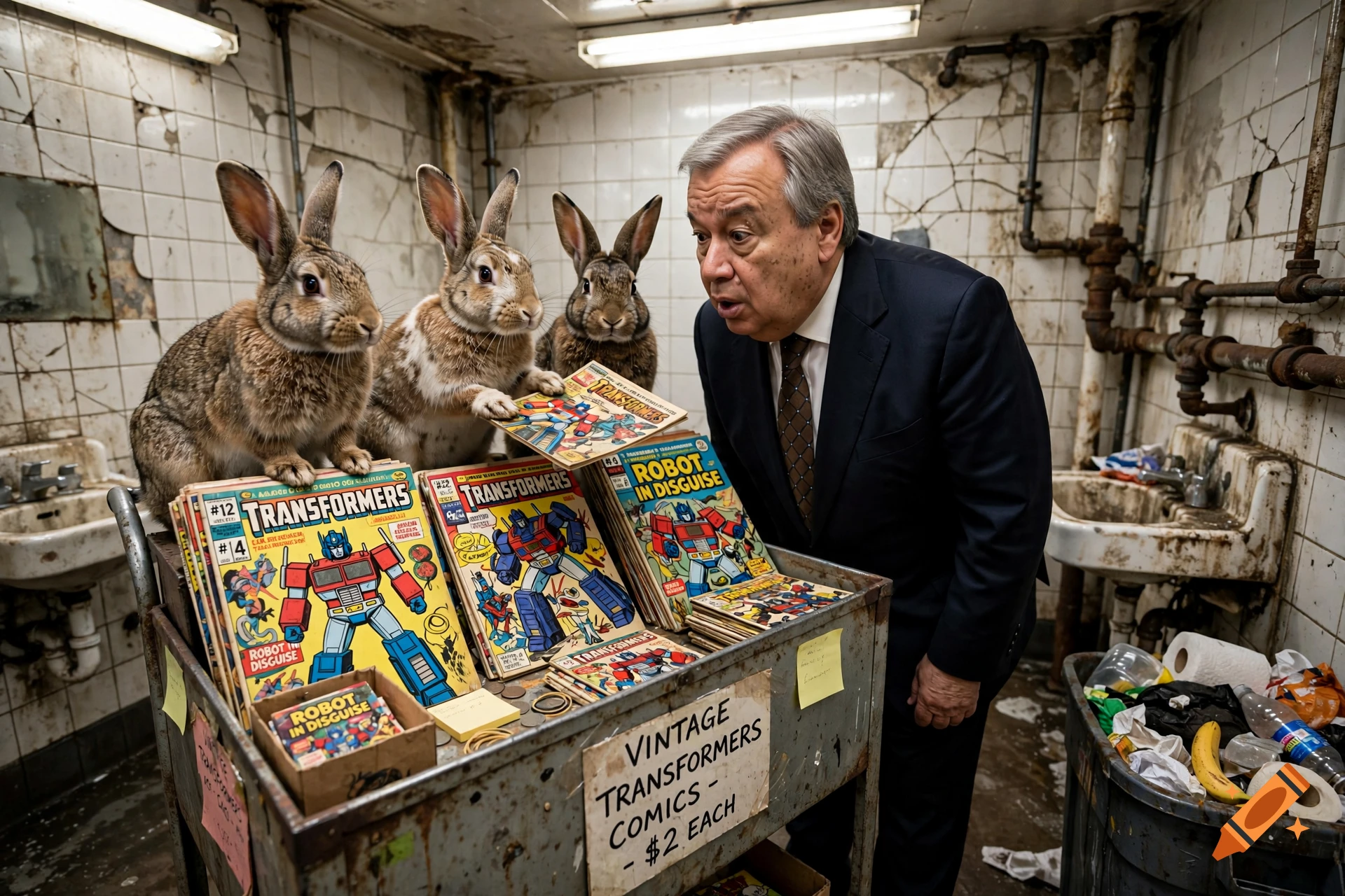 Photorealistic image of António Guterres looking at three rabbits selling Transformers comic books from a cart in a filthy public restroom.