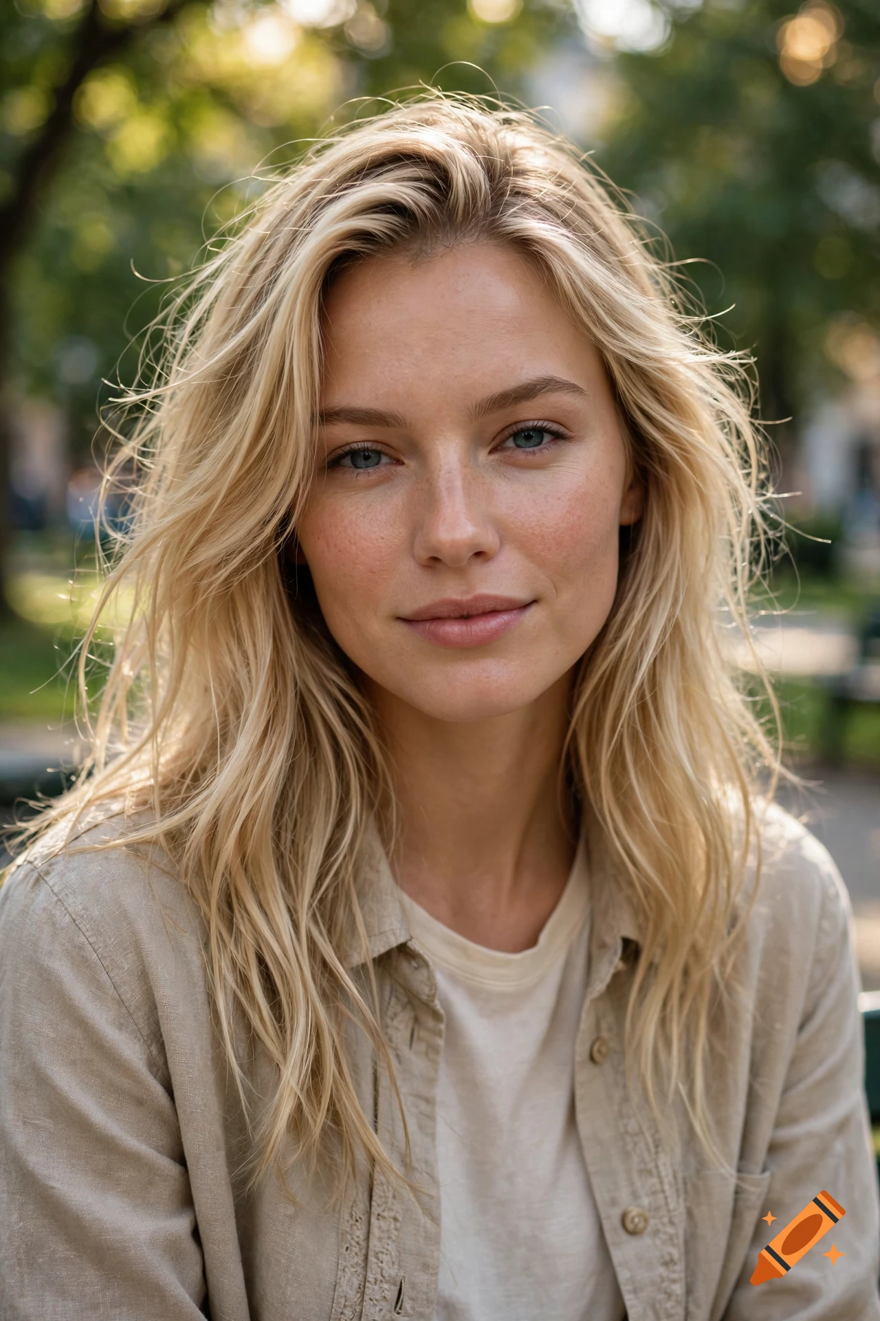 Photorealistic close-up portrait of a young blonde woman with freckles, smiling slightly, outdoors in a park.