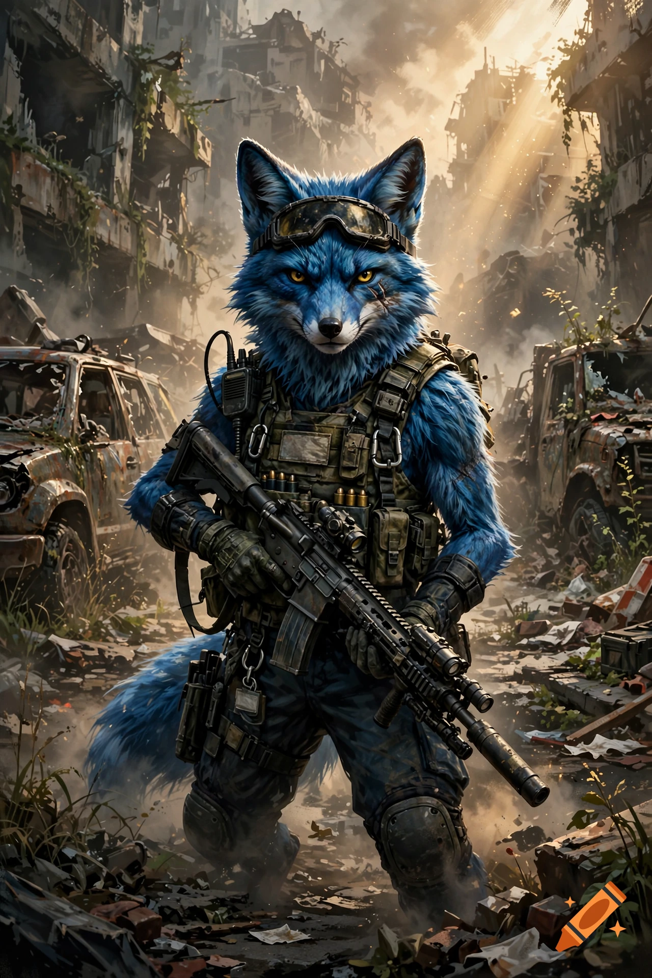 An anthropomorphic blue fox in tactical military gear holding a rifle amidst a ruined cityscape, photorealistic style.