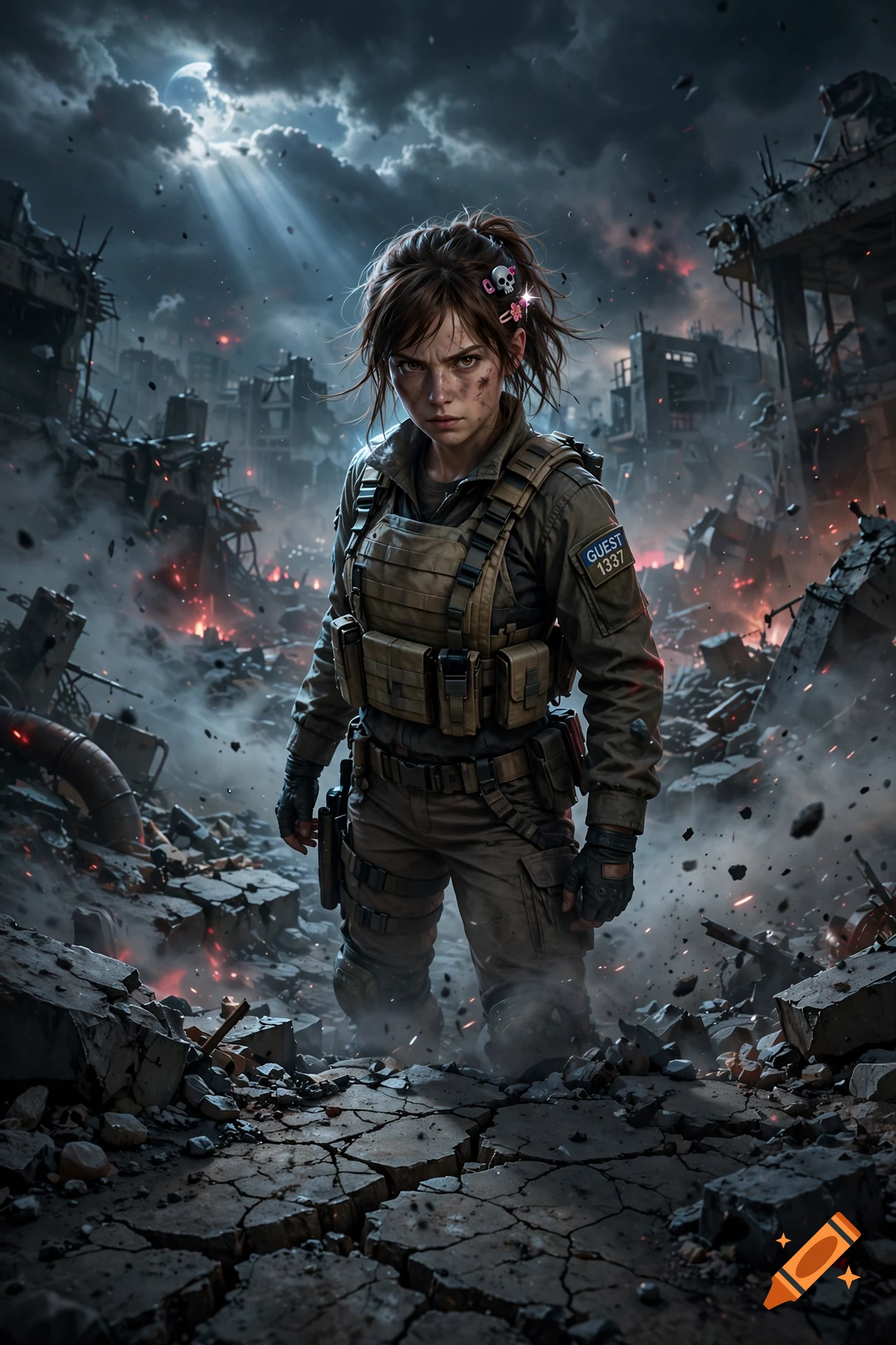 A gritty digital painting of a determined female soldier in tactical gear standing amidst a ruined, war-torn city under a cloudy night sky.