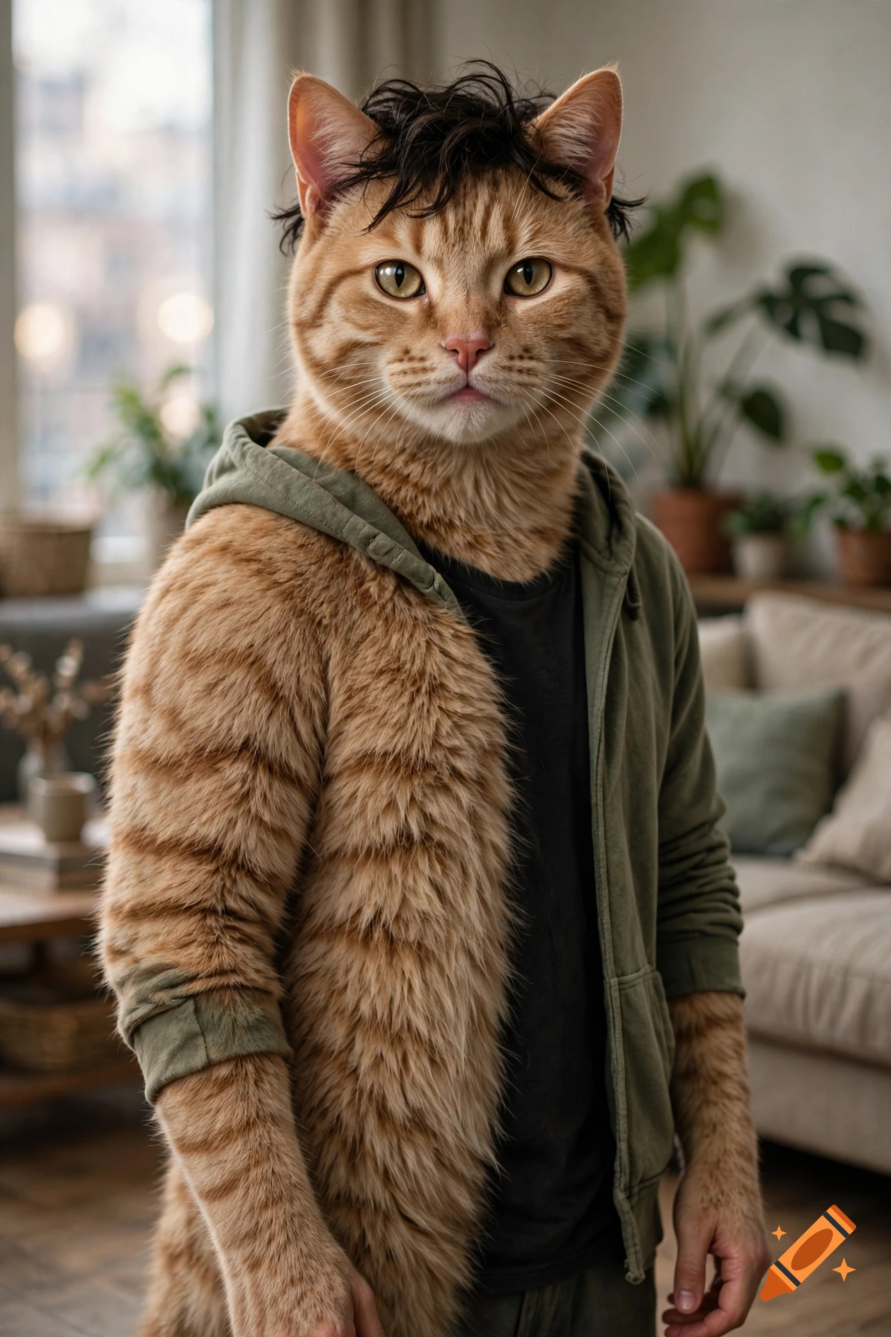 Photorealistic portrait of an anthropomorphic cat with human-like hair and a green hoodie standing in a living room.