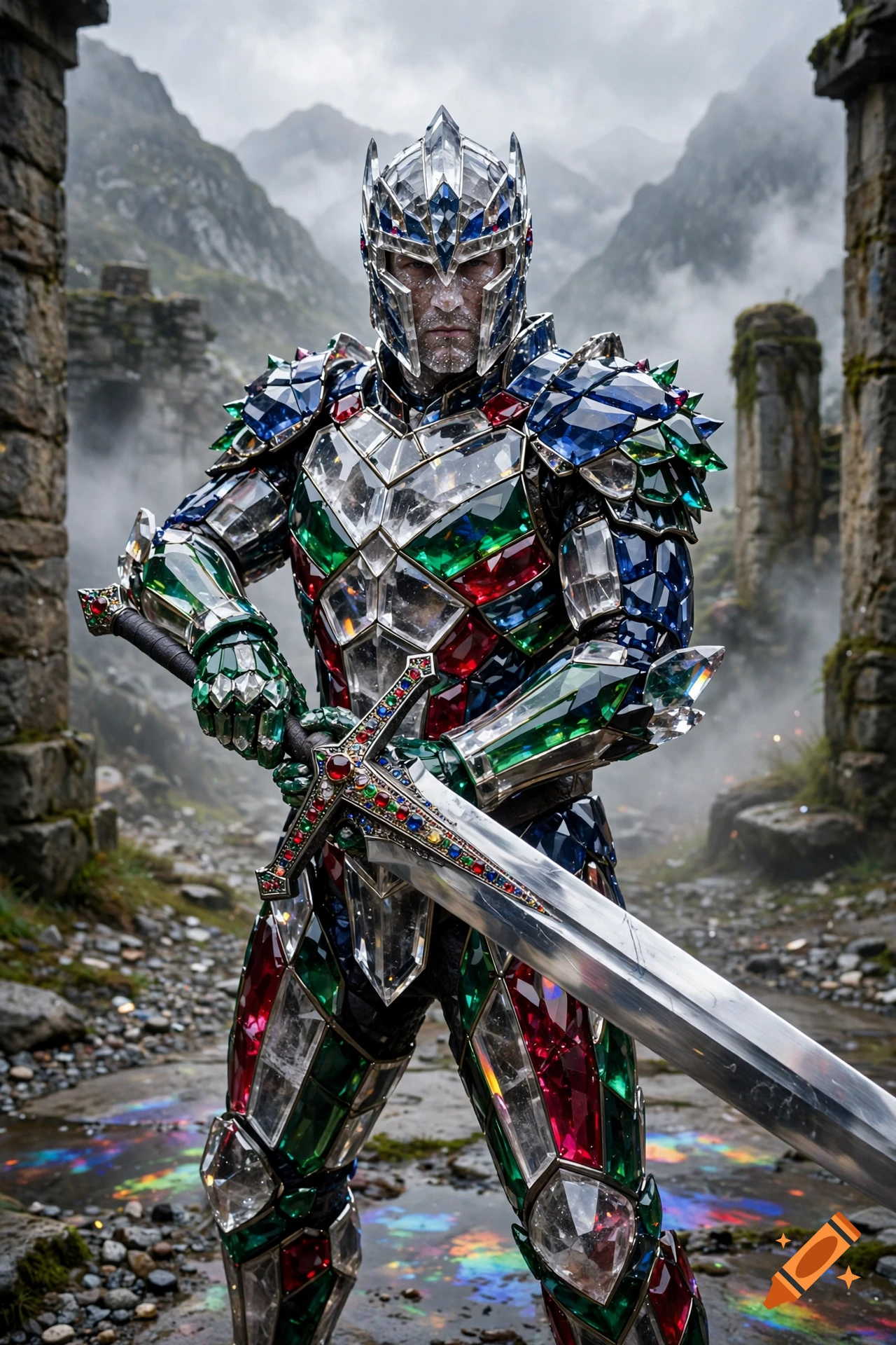Photorealistic image of a male paladin wearing elaborate gemstone armor and holding a greatsword amidst mountain ruins.