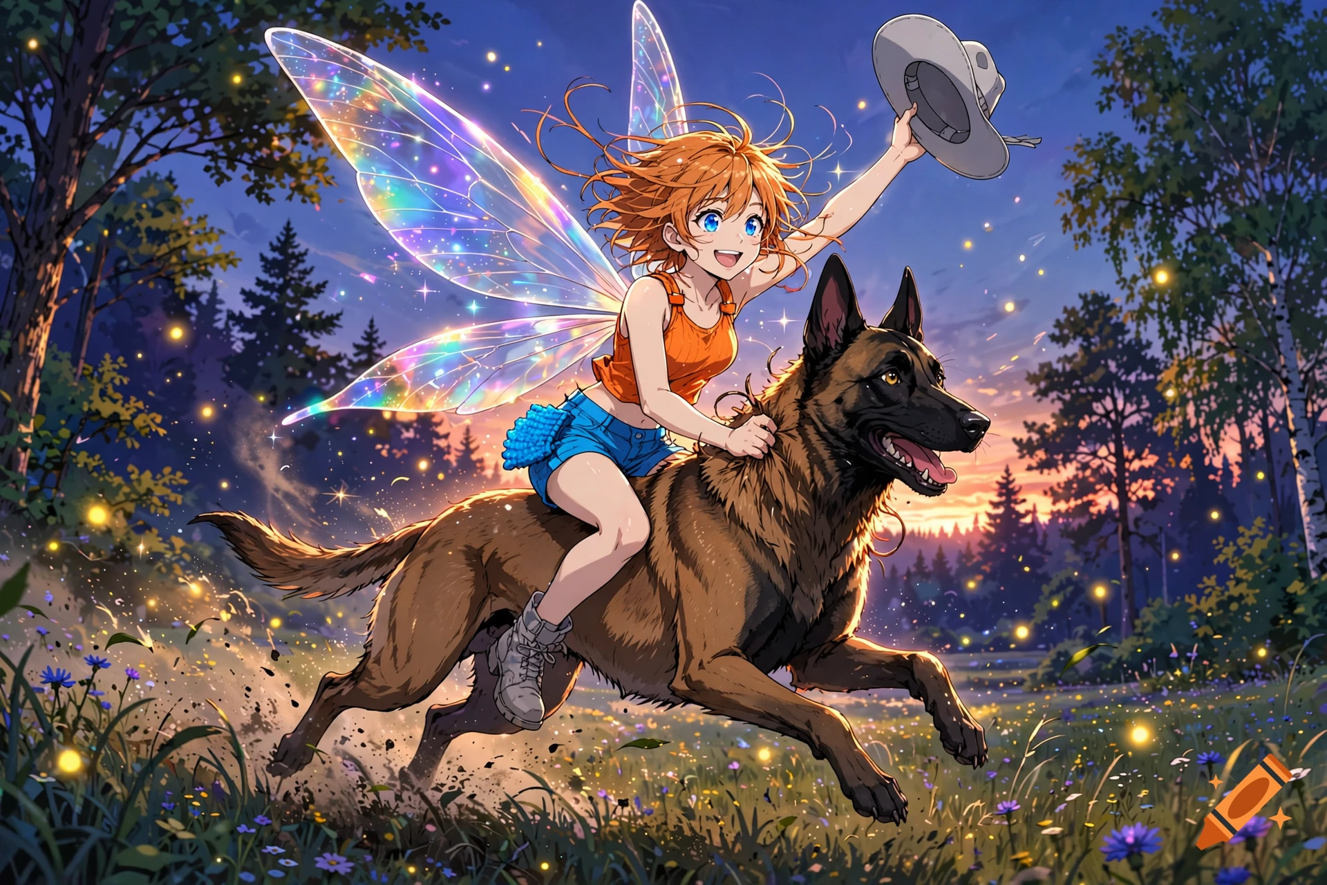 Anime art of a tiny fairy with translucent wings riding a running Belgian Malinois in a forest clearing at dusk.