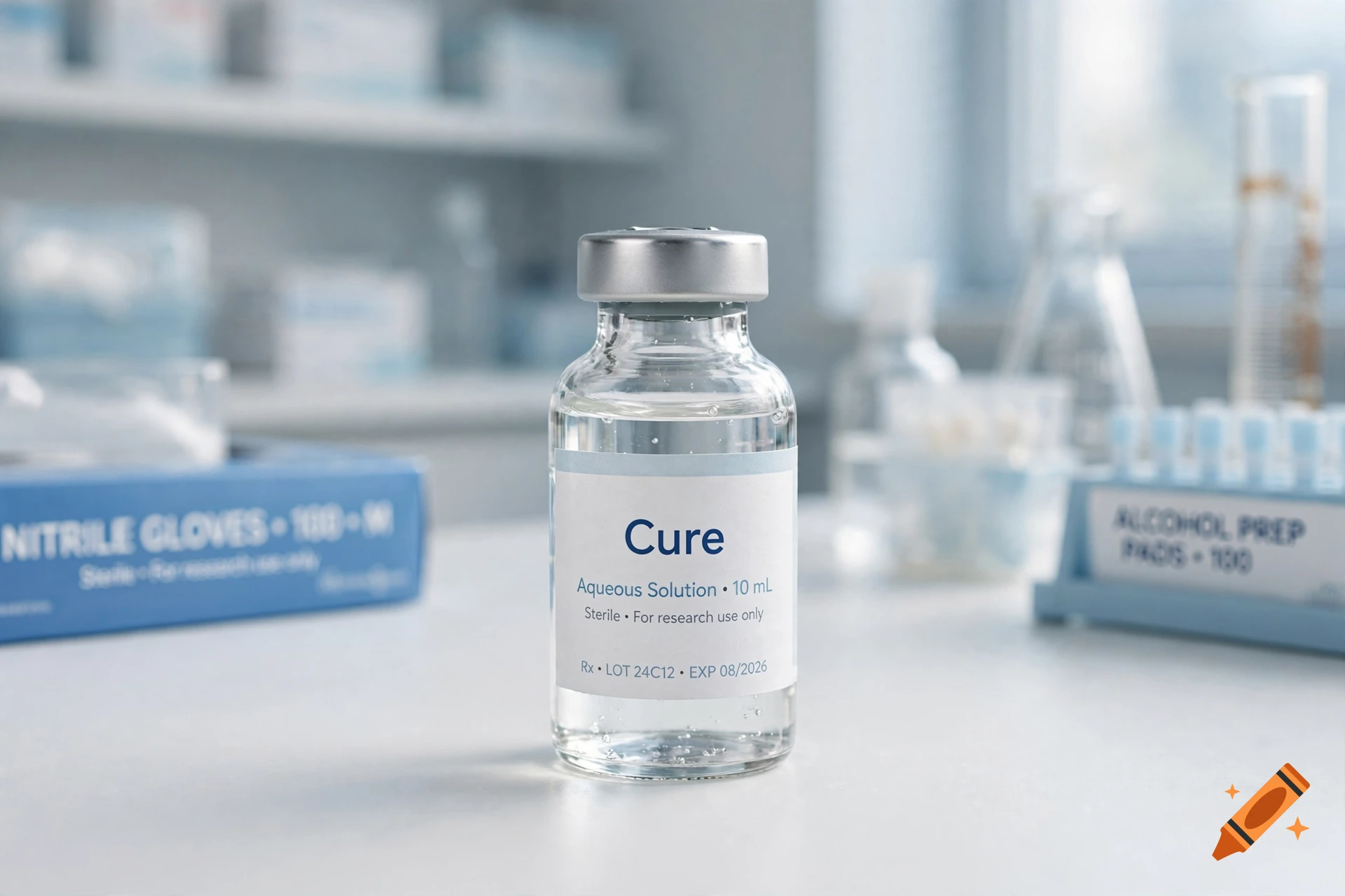 Photorealistic close-up of a glass medicine vial labeled 'Cure' on a white laboratory table.