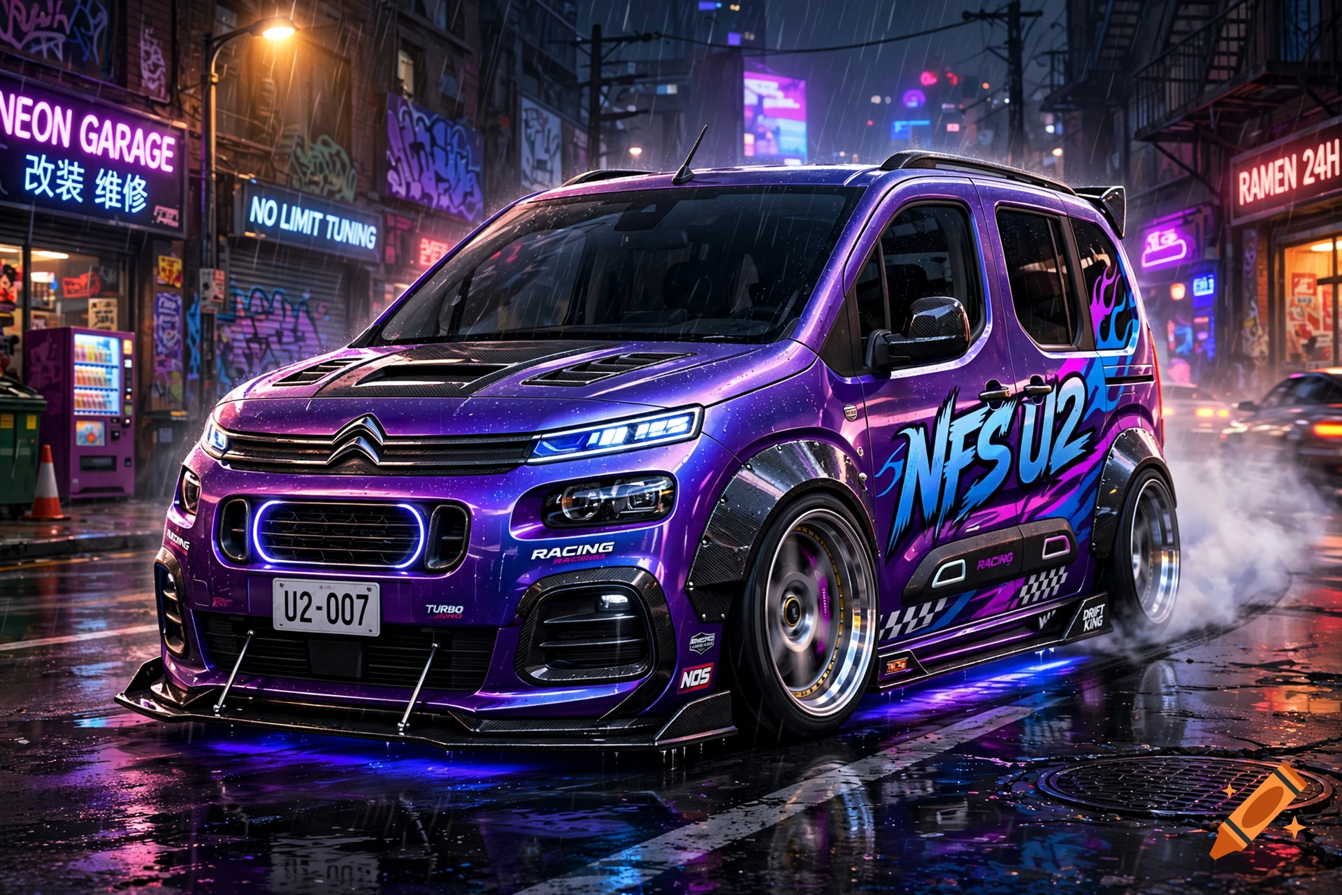 A heavily customized purple Citroen Berlingo with racing decals parked on a wet, neon-lit city street at night, photorealistic style.