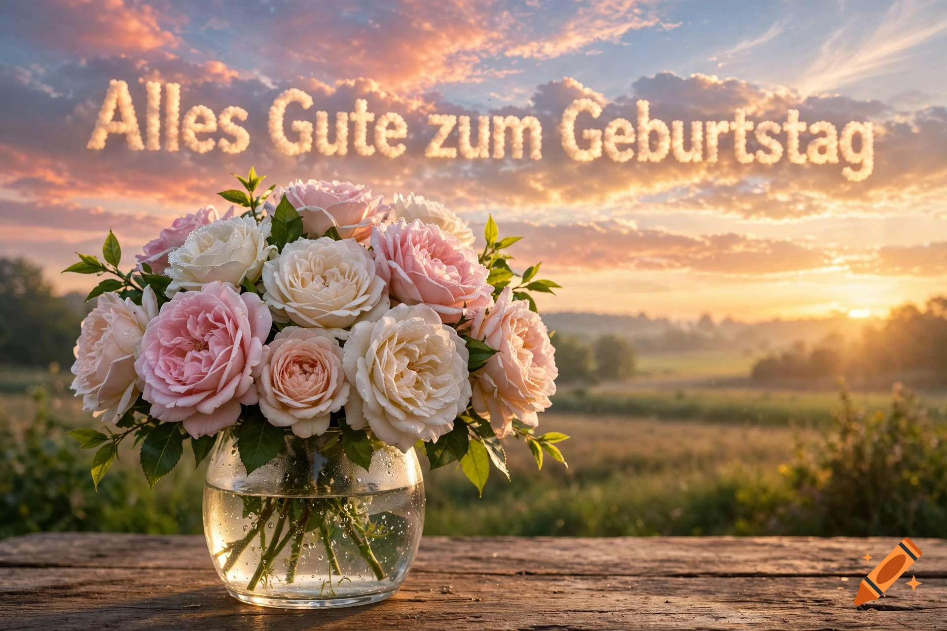 A bouquet of pink and white roses in a clear glass vase on a wooden table, with a sunset sky and clouds forming the text Alles Gute zum Geburtstag.