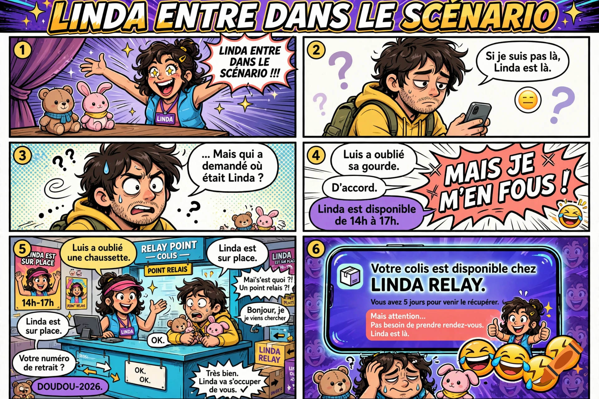 A six-panel comic strip in cartoon style showing a humorous story about a man and a persistent character named Linda.