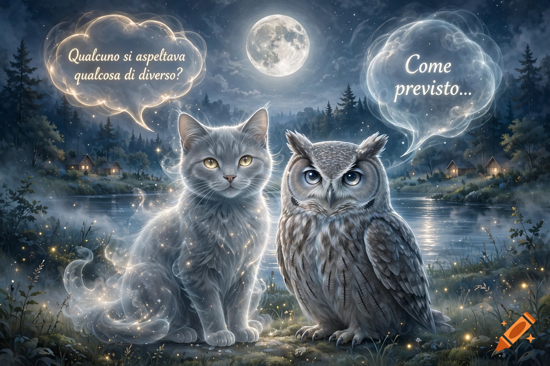 Digital fantasy painting of a glowing grey cat and an owl sitting side by side by a river at night under a full moon.
