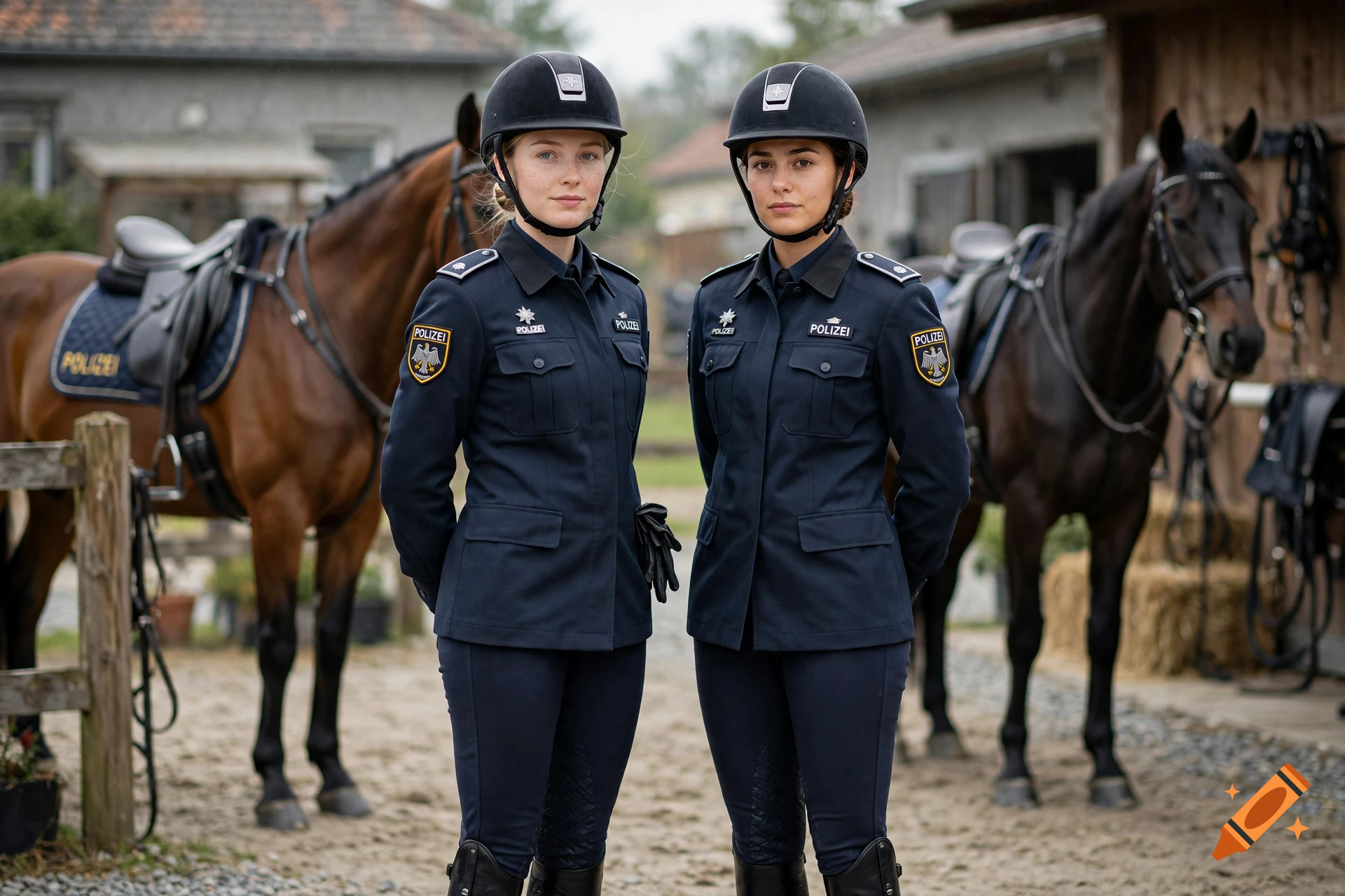 Two photorealistic female German mounted police officers in dark uniforms and riding helmets standing with horses at a stable.