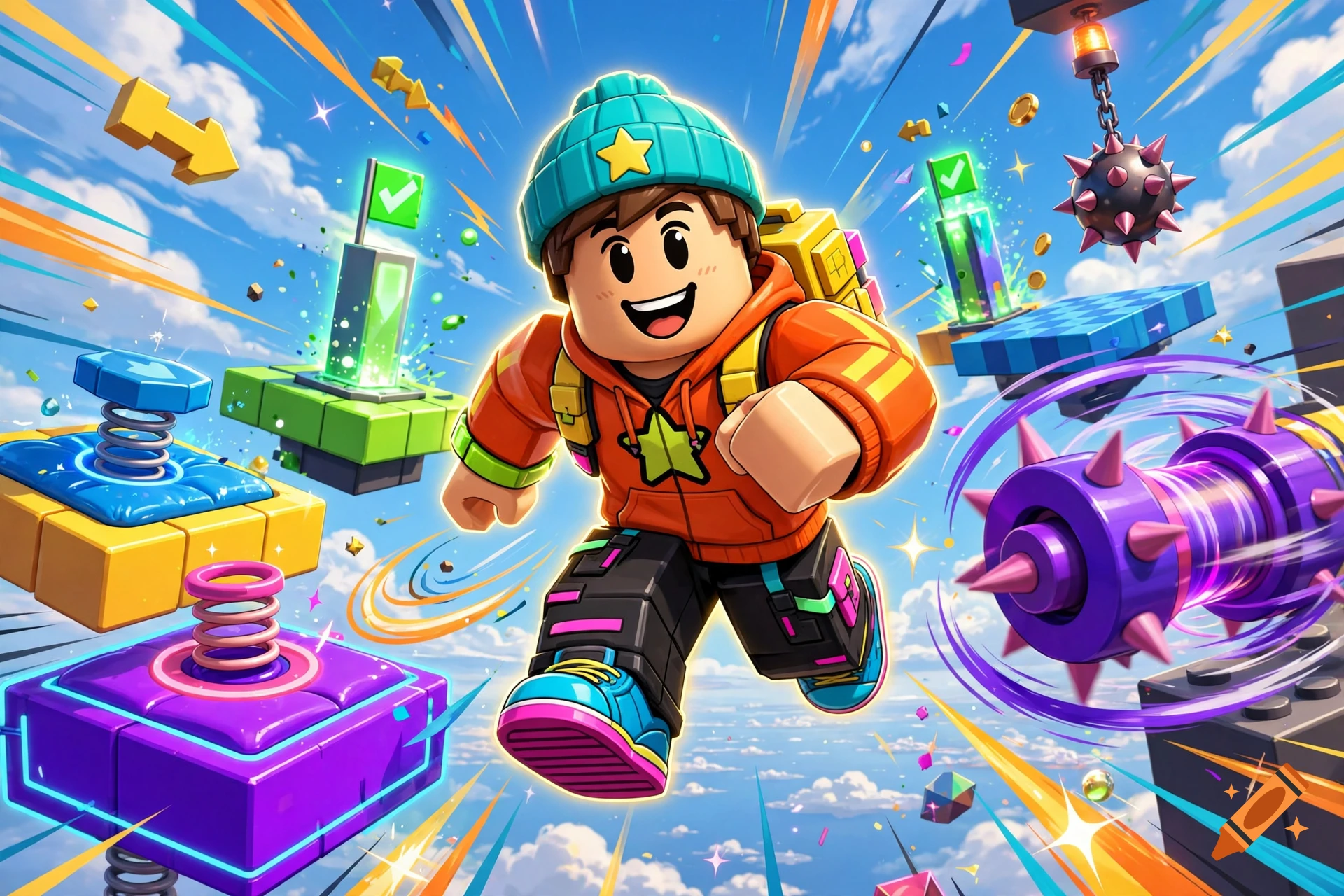 3D cartoon thumbnail featuring a smiling blocky character running in a colorful obstacle course in the sky.