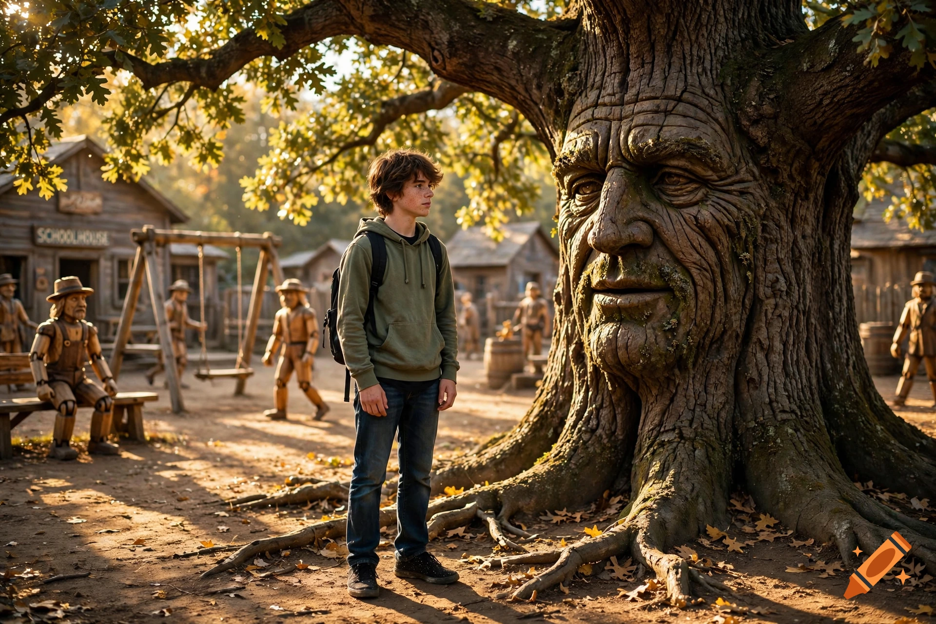 Photorealistic scene of a teenage boy standing in a schoolyard next to a massive oak tree with a human face, surrounded by wooden people.