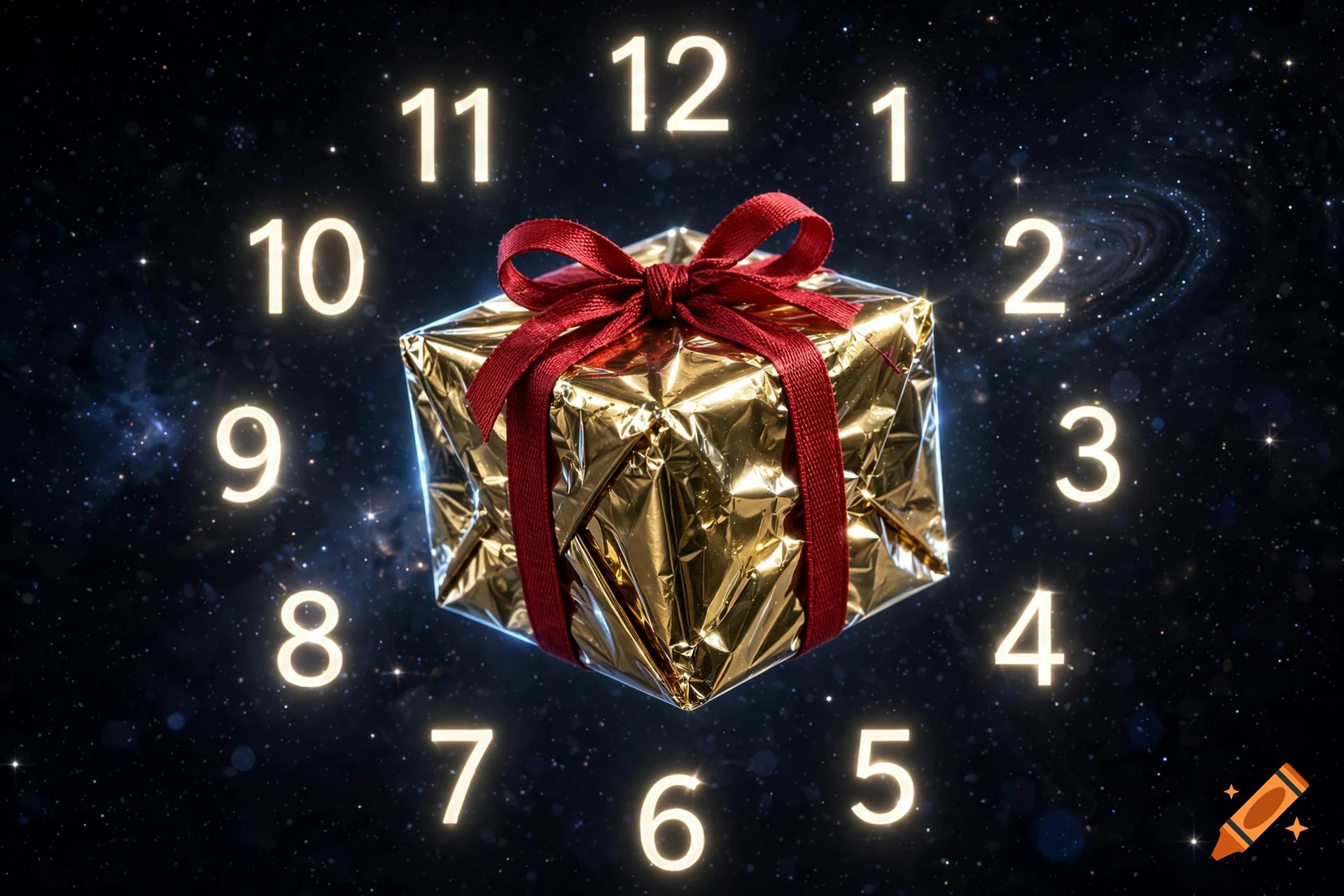 A gold foil gift box tied with a red ribbon floating in space, surrounded by glowing clock numbers from 1 to 12 against a starry galaxy background.