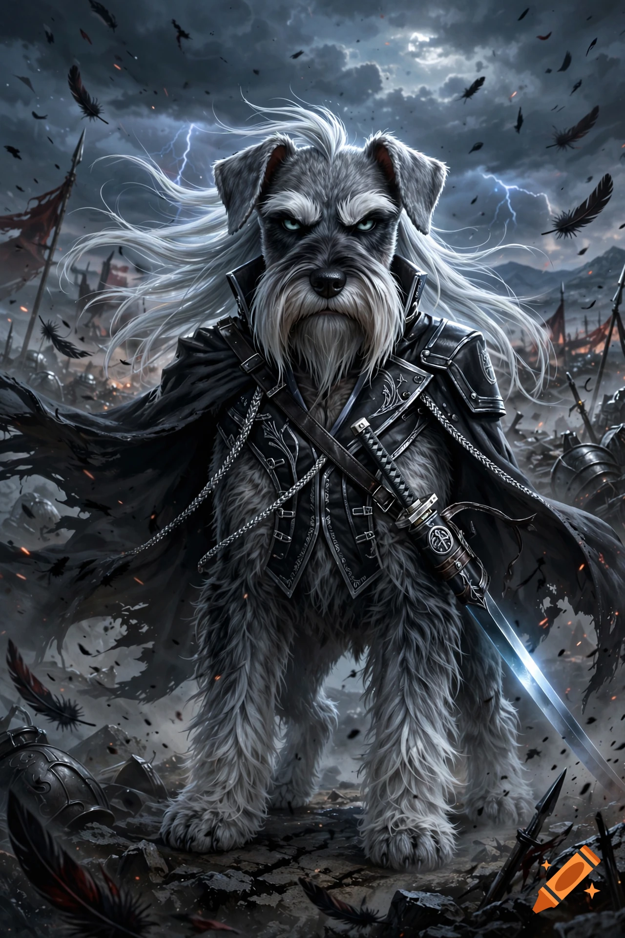 A schnauzer dog dressed as Sephiroth in a dark, stormy battlefield holding a glowing katana, digital art style.