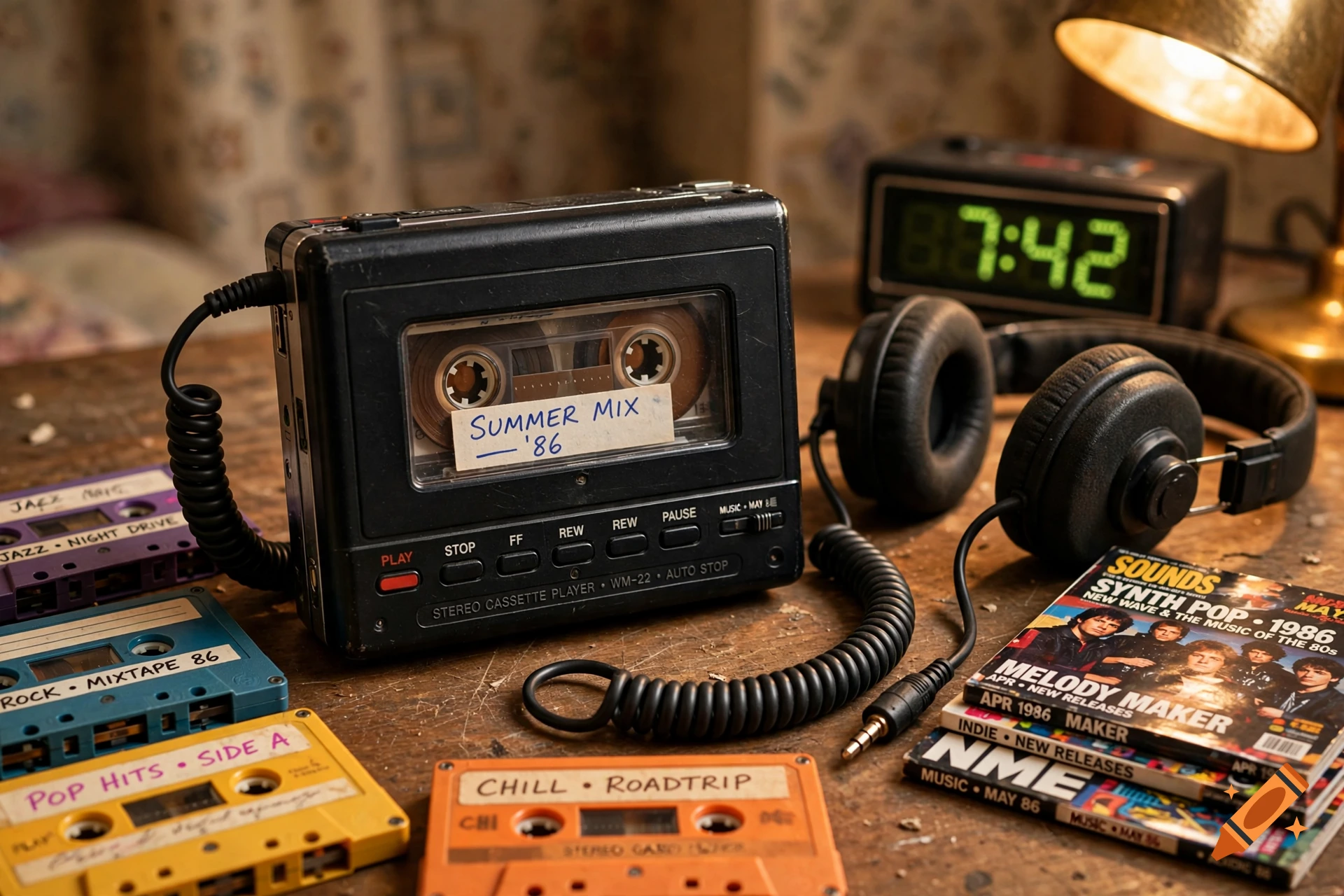 Photorealistic 1980s retro setting with a portable cassette player, headphones, and cassette tapes on a wooden table.