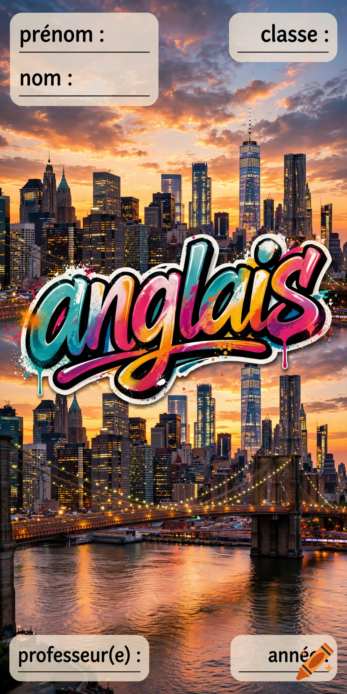 An English school notebook cover featuring a New York City skyline at sunset, graffiti-style text reading 'anglais', and labeled fill-in fields.