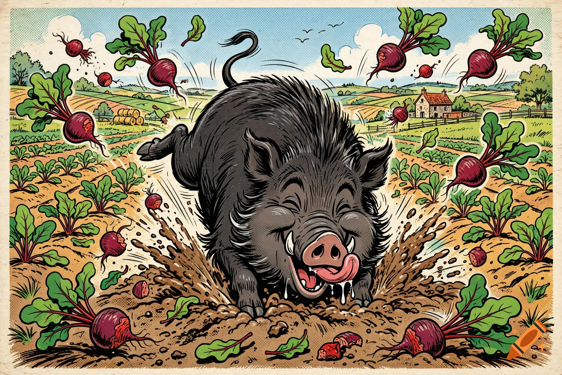 Vintage Franco-Belgian comic style illustration of a mischievous black wild boar digging up red beets in a sunny field.