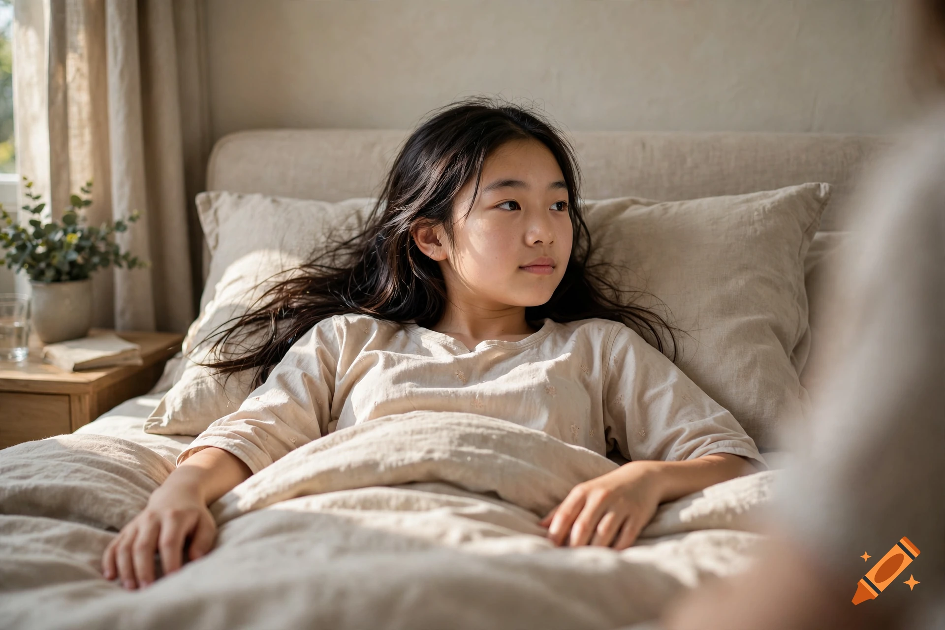 Photorealistic image of a young Asian girl lying on her back in a bed, looking off to the side.