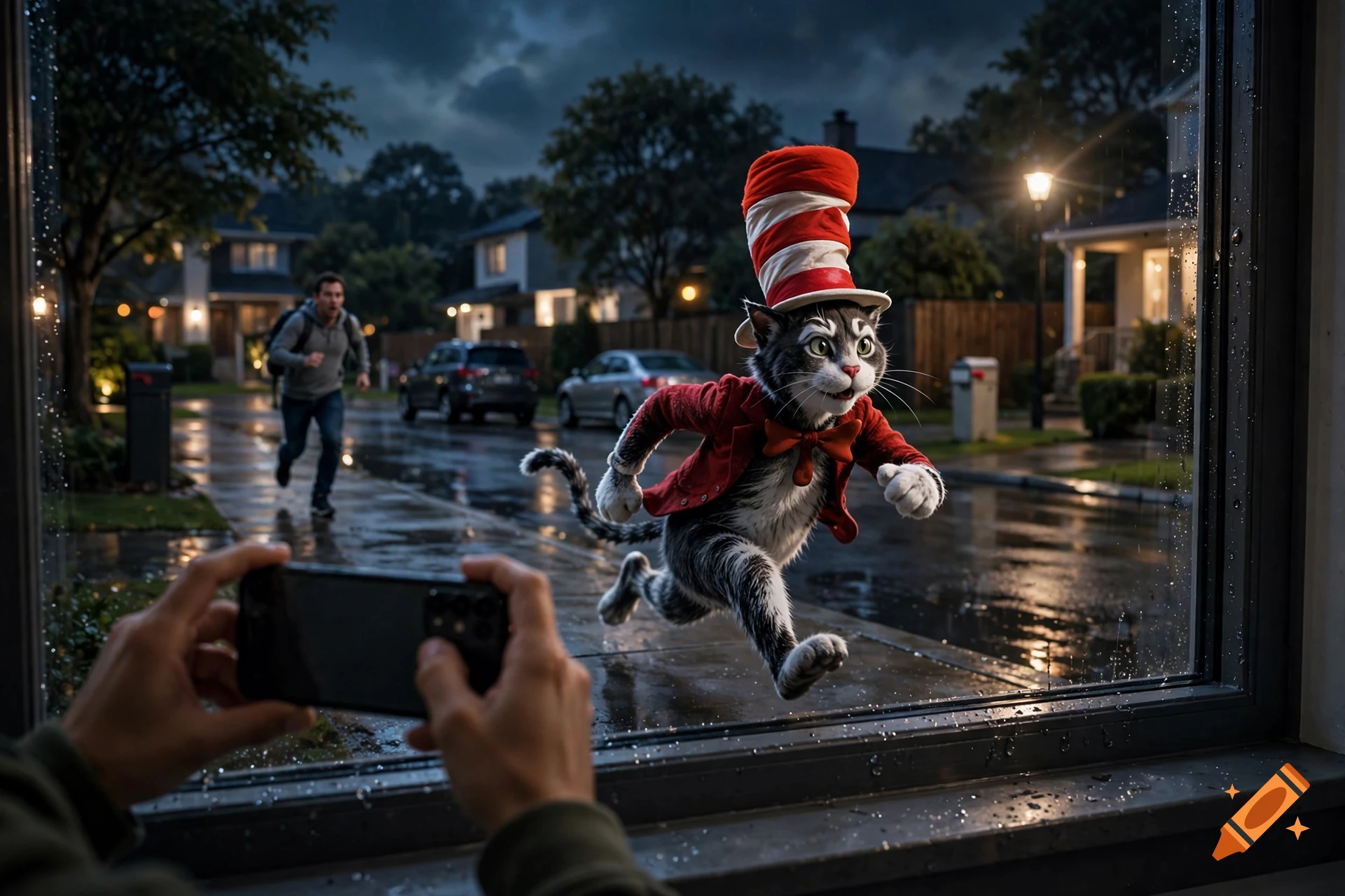 Photorealistic image of a live-action Cat in the Hat running across a wet suburban street at night while being filmed from a window.