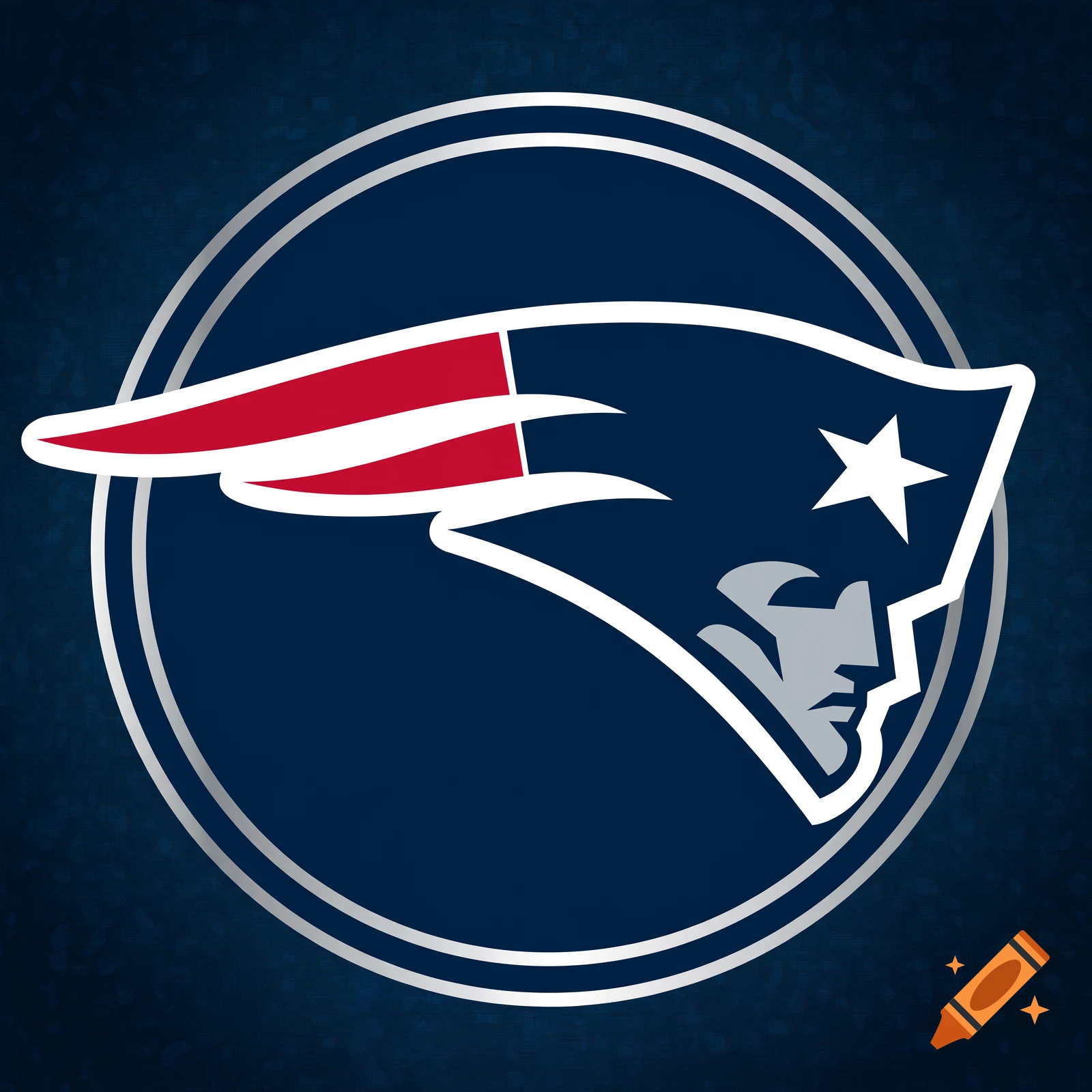 New England Patriots logo featuring a stylized patriot hat with red, white, and blue elements inside a circular frame on a textured dark blue background.