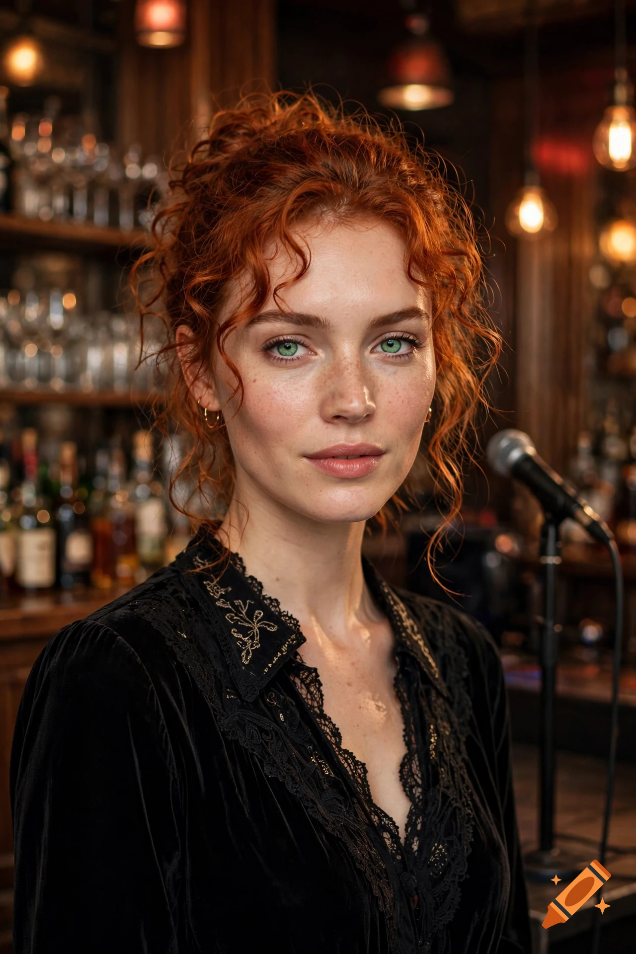 Photorealistic portrait of a 28-year-old female bar singer with red curly hair in a messy bun, green eyes, and a black lace top in a dimly lit bar.