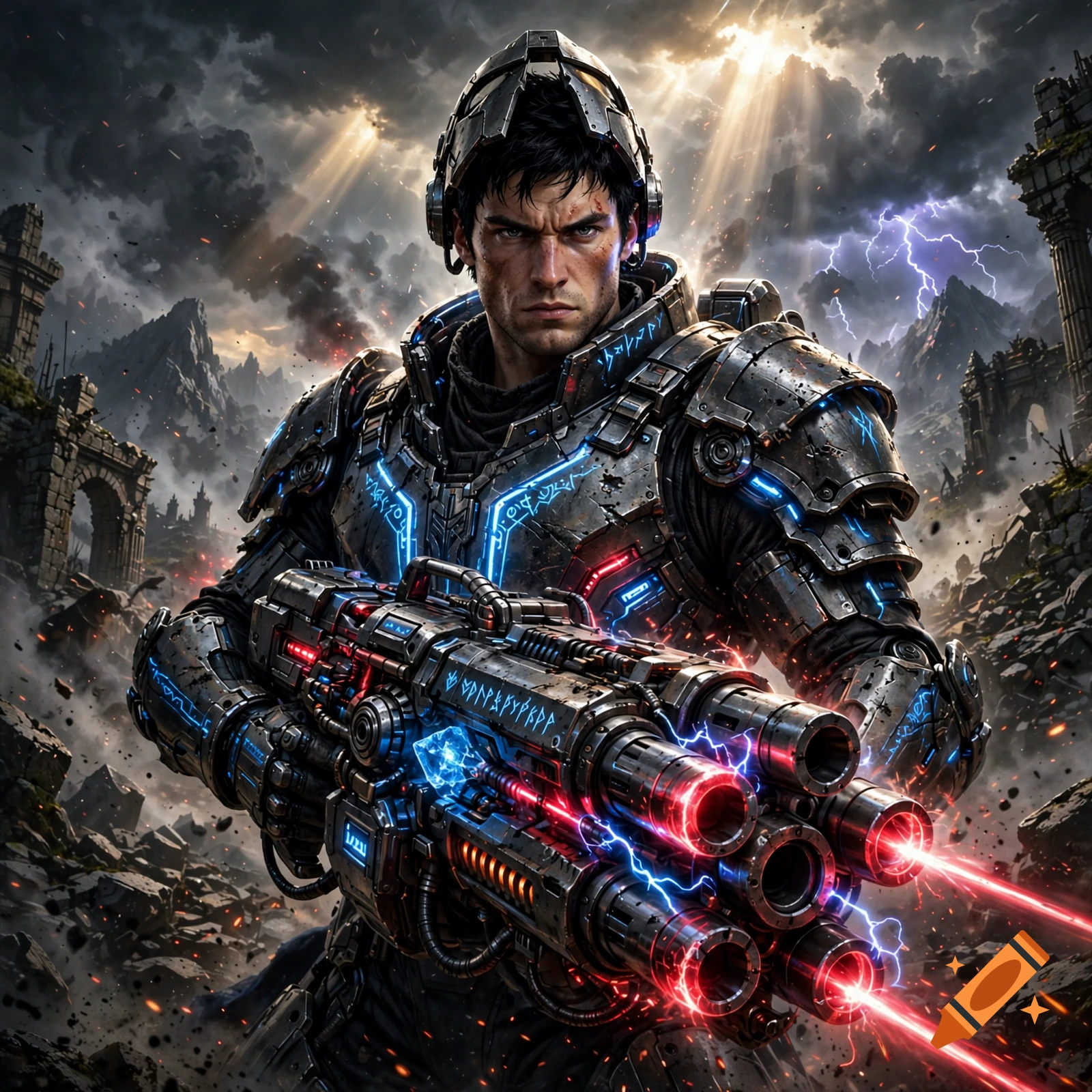 Digital painting of a male fantasy hero in power armor holding a laser gatling gun amidst ruins.