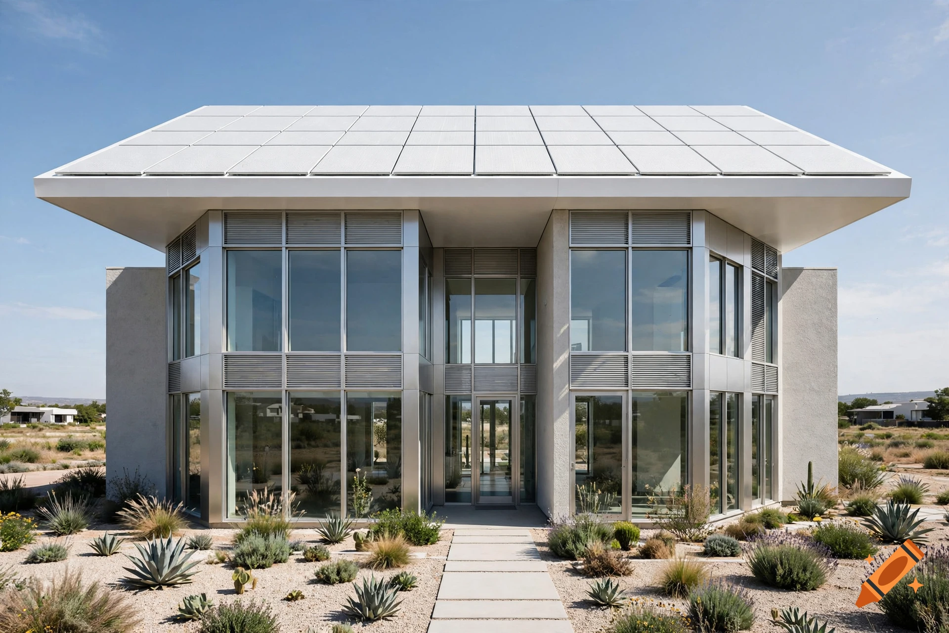 Photorealistic image of a modern two-story building with large glass windows and a solar panel roof in a desert landscape.
