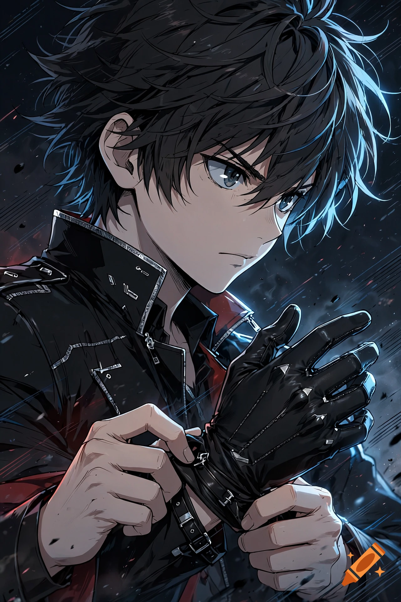 Anime style illustration of a dark-haired young man in a black jacket putting on black leather gloves.