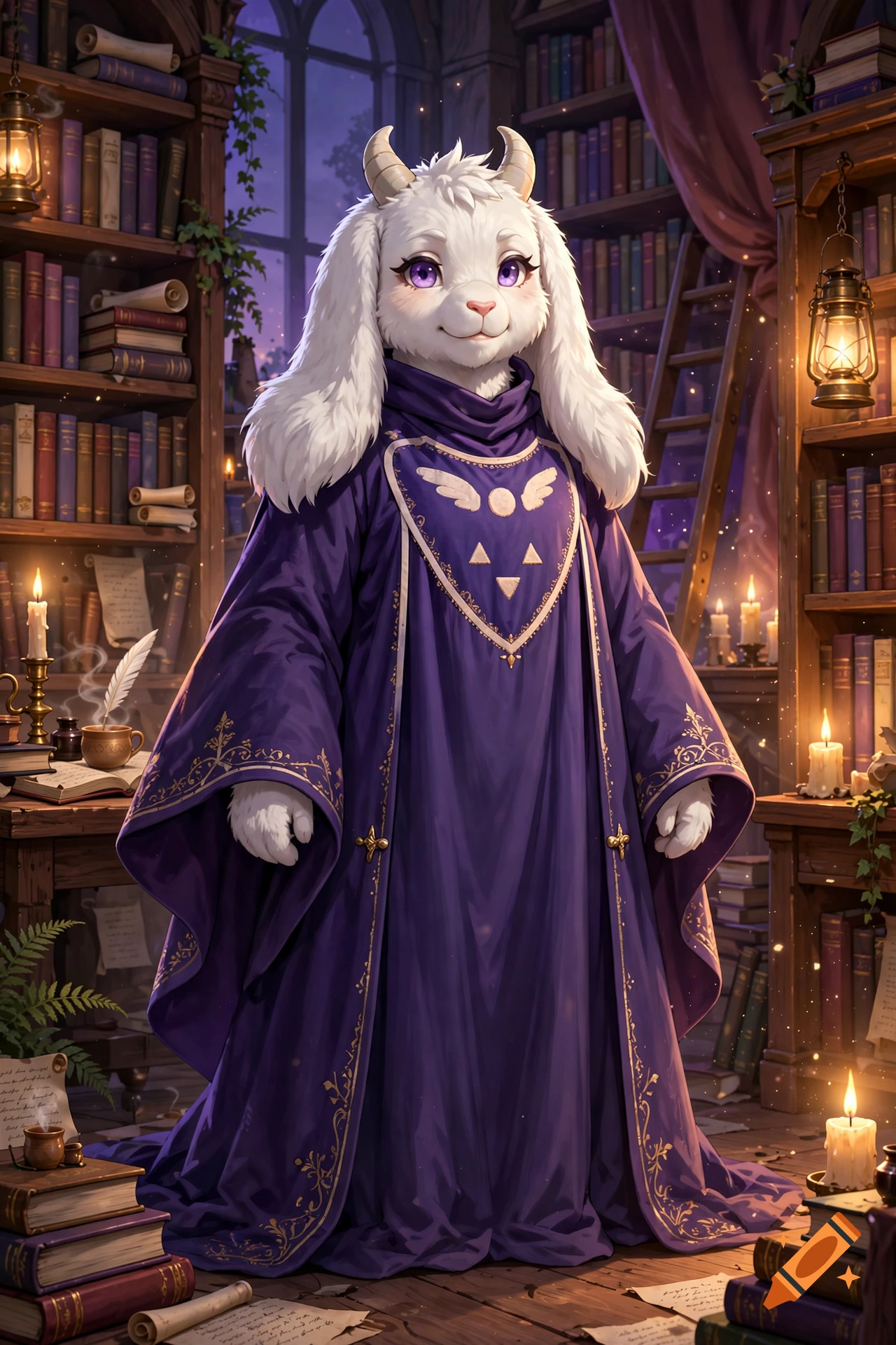 Toriel from Deltarune standing in a magical library filled with books and candles, digital art style.