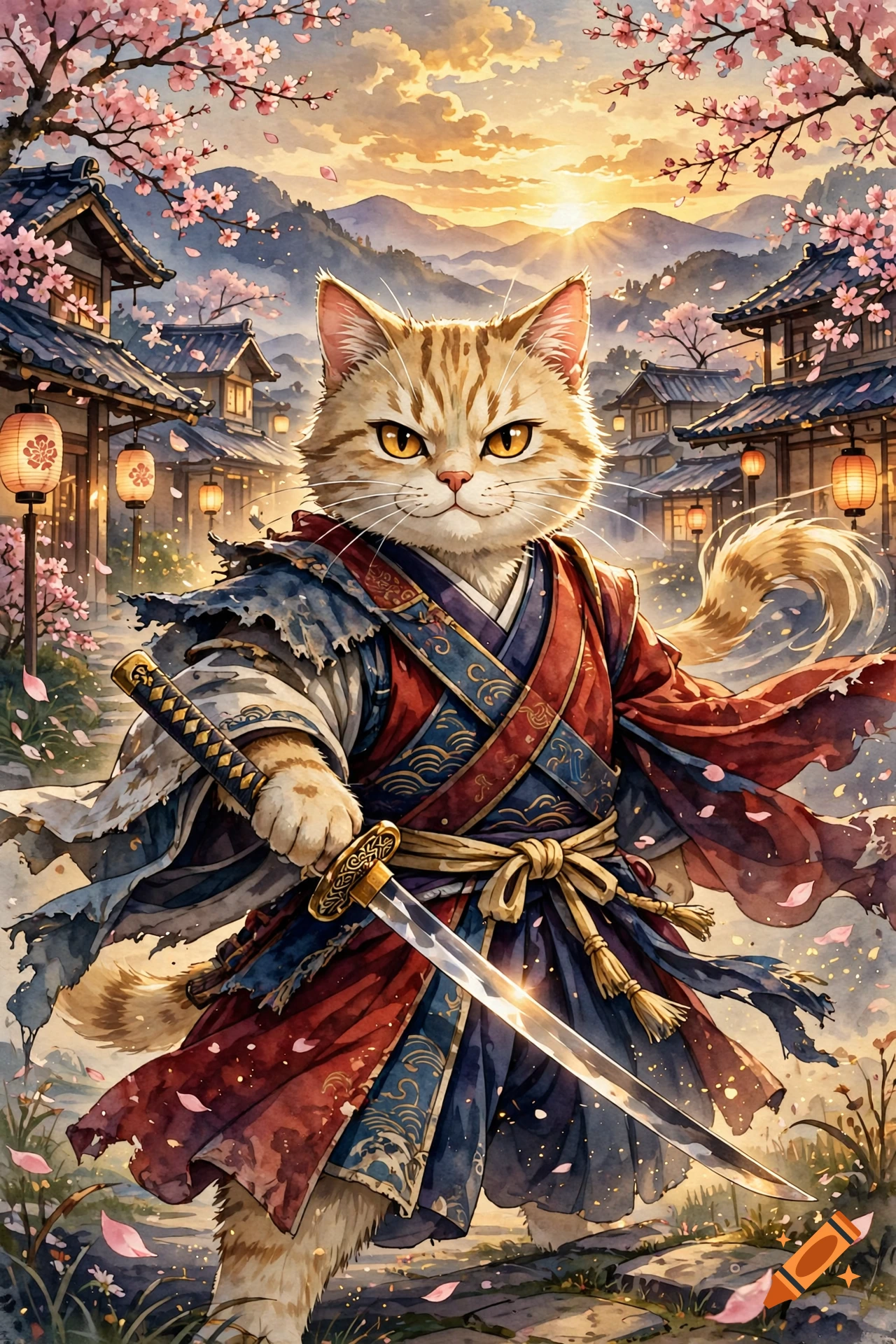 Watercolor illustration of an anthropomorphic cat samurai holding a sword in a Japanese village with cherry blossoms.