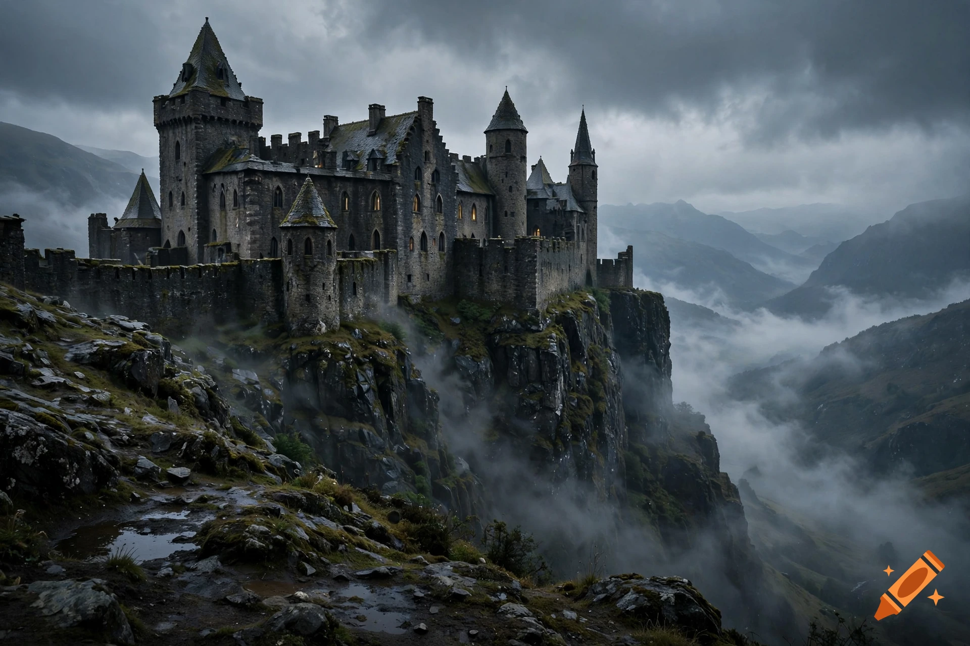 Photorealistic shot of a dark, gloomy medieval castle perched on a rocky cliffside surrounded by fog and mountains under a cloudy sky.