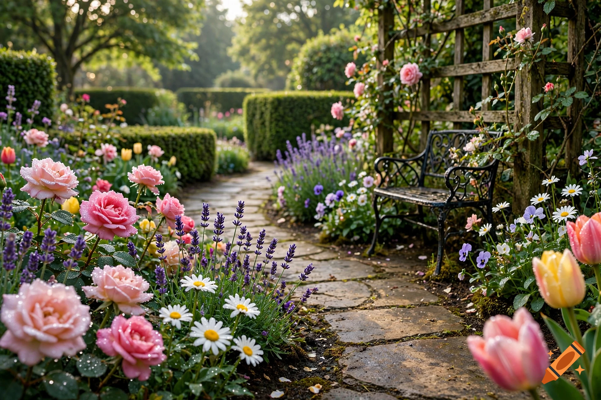 Photorealistic garden with a stone pathway, blooming pink roses, white daisies, purple lavender, and a black metal bench next to a wooden trellis.