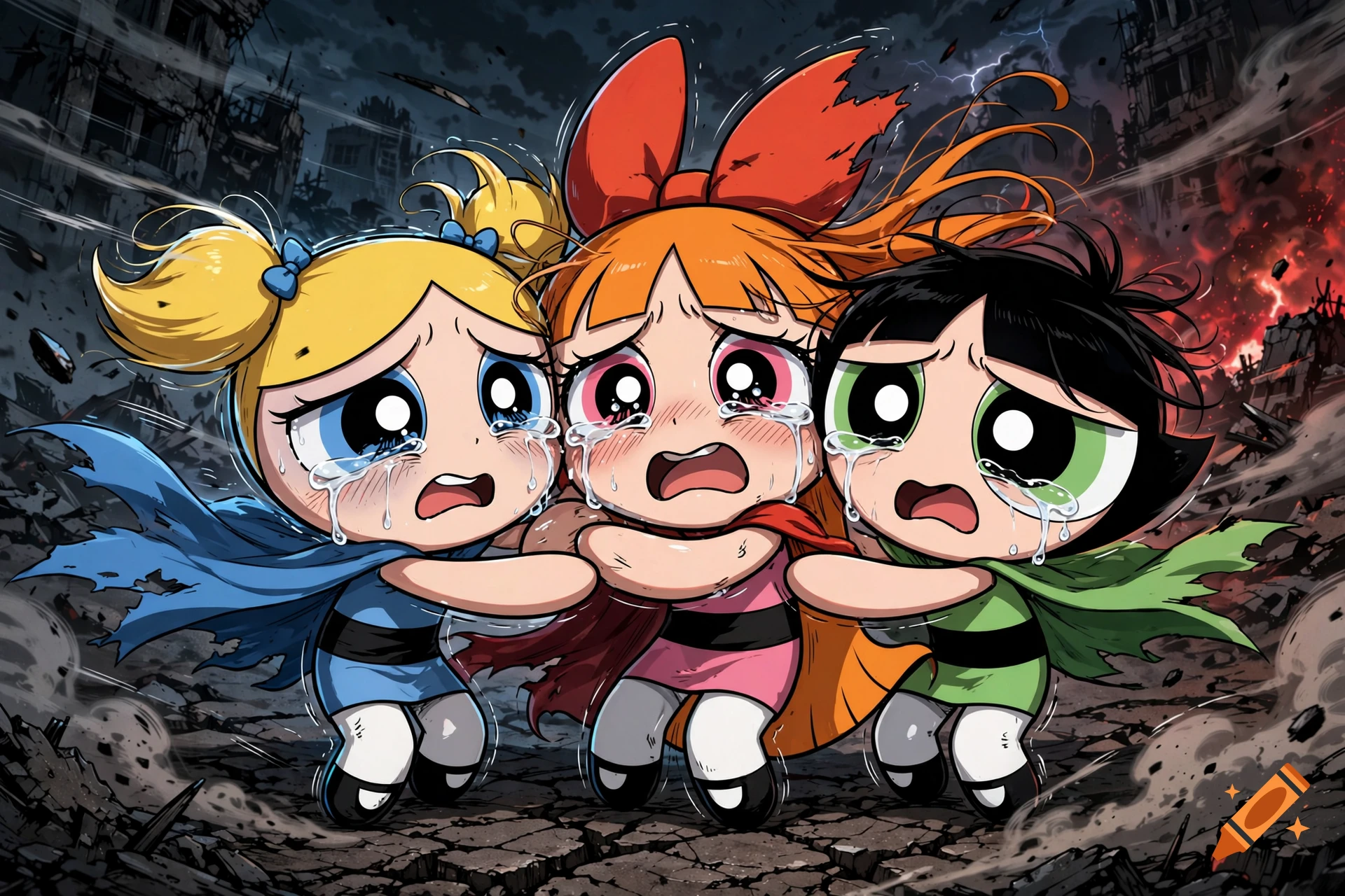The Powerpuff Girls crying in terror amid a destroyed cityscape, anime art style.