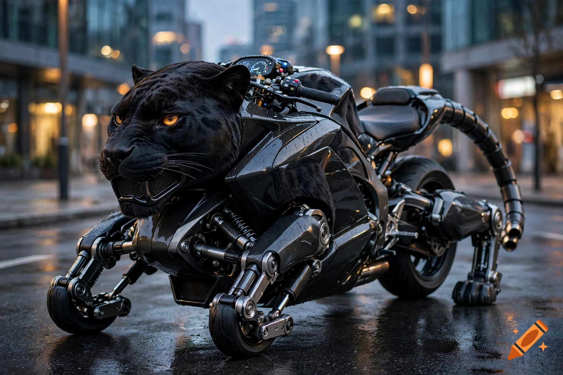 Photorealistic fusion of a black panther and a motorcycle with mechanical legs on a wet city street.
