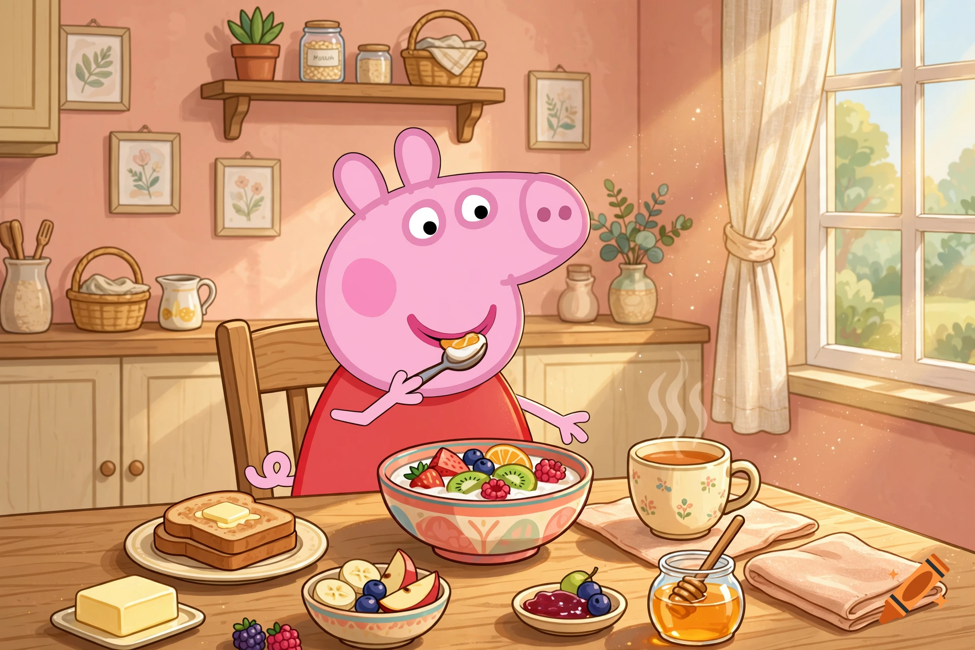 Digital illustration of a cartoon pig eating cereal and breakfast foods in a cozy kitchen.