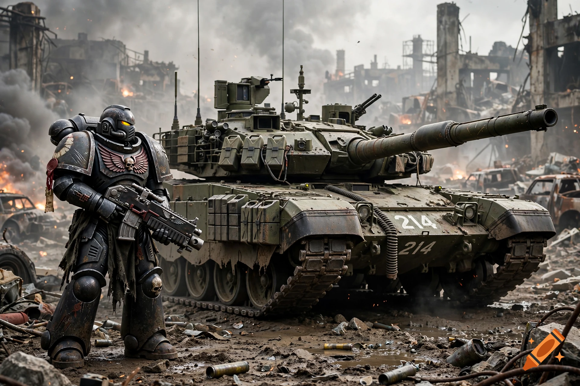 Photorealistic scene of a Warhammer 40k Space Marine standing beside a futuristic military tank in a ruined war zone.