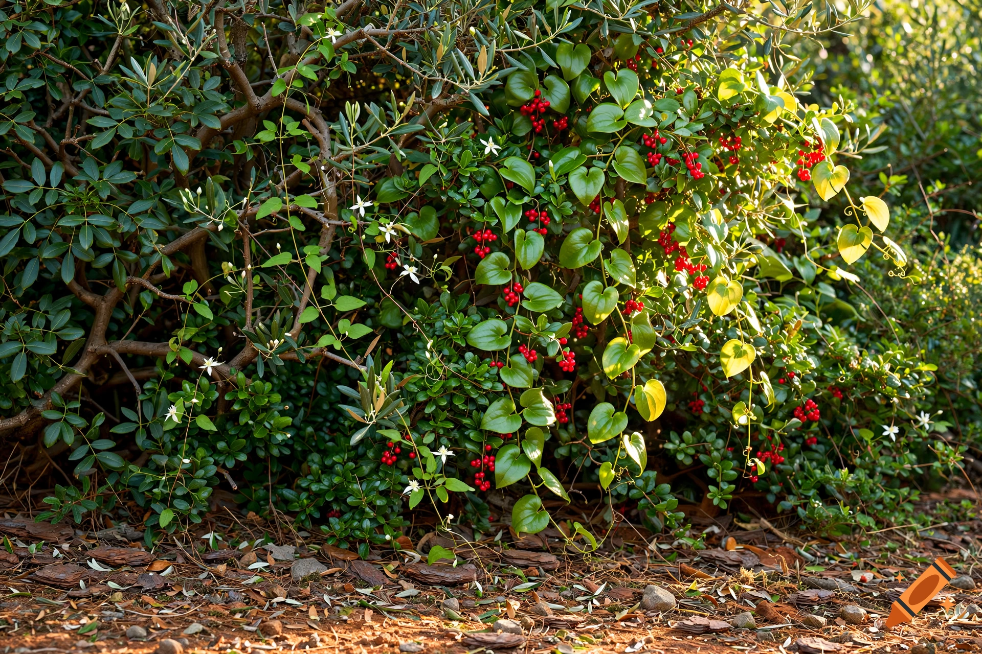 Realistic photo of a dense wild Mediterranean hedge with green leaves, red berries, and white clematis flowers.