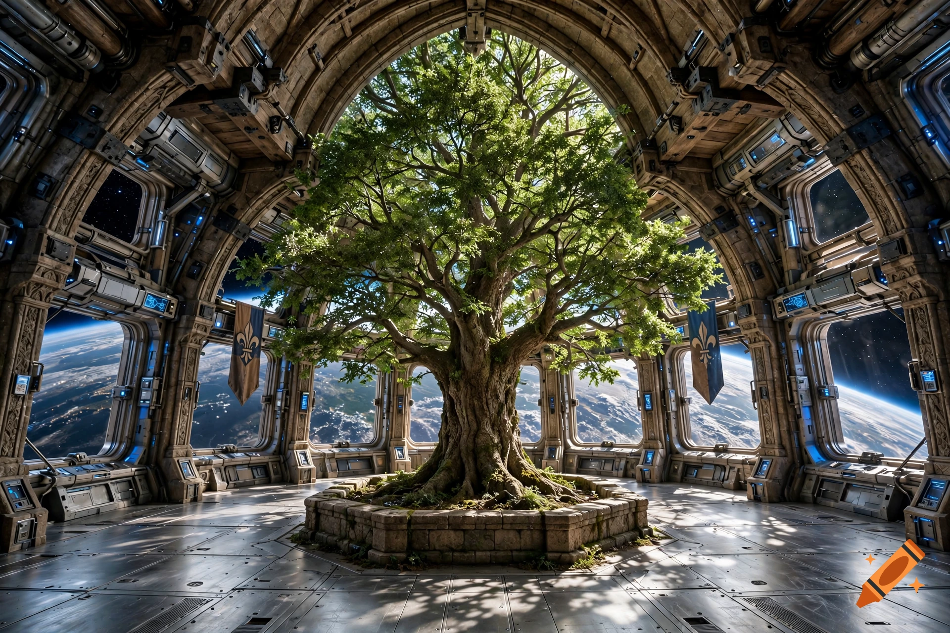 A large green tree inside a medieval-style futuristic spaceship room with large arched windows showing space and a planet.