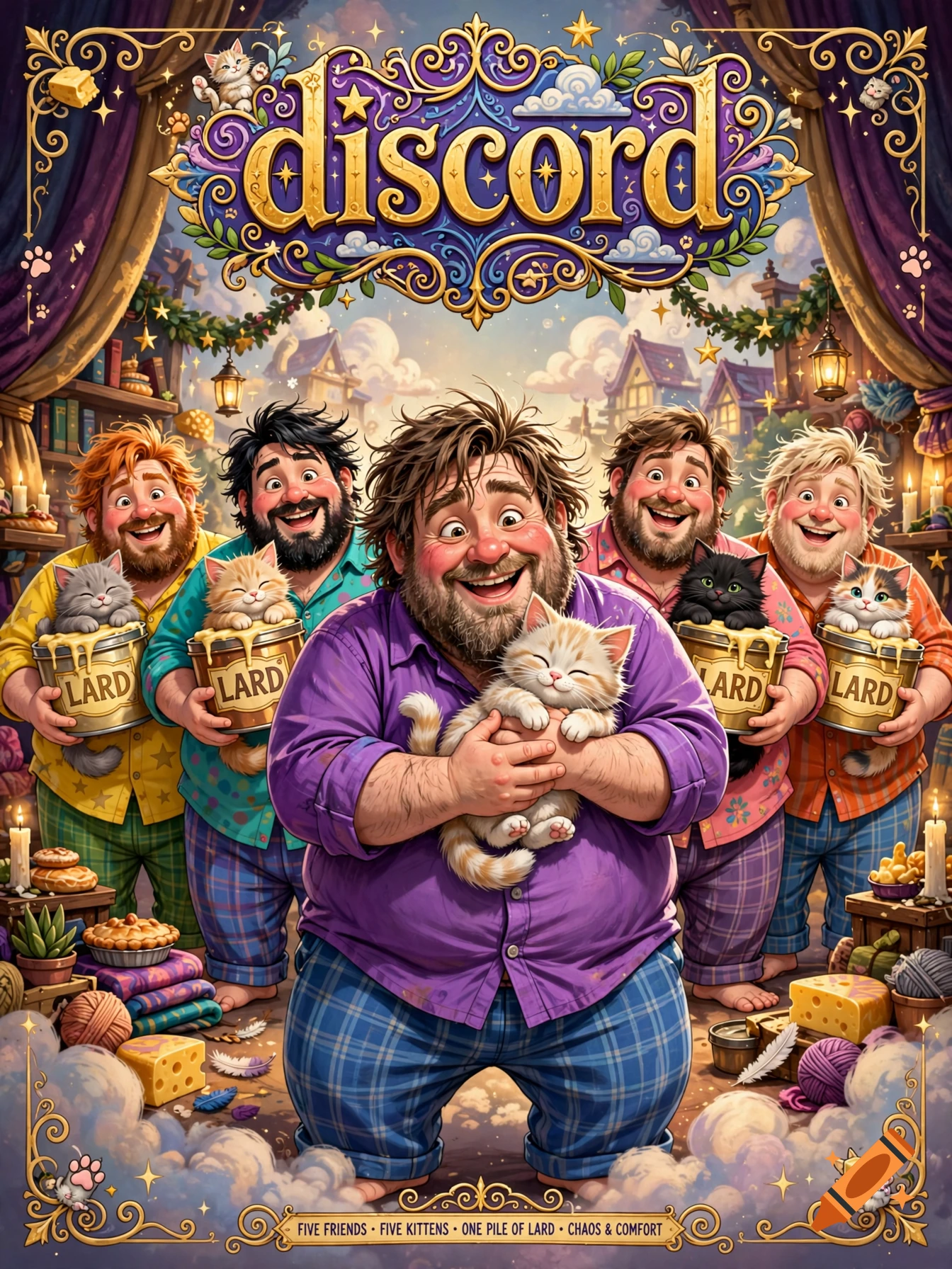 Disney-style poster featuring five men holding kittens and cans labeled lard, with the title discord at the top.