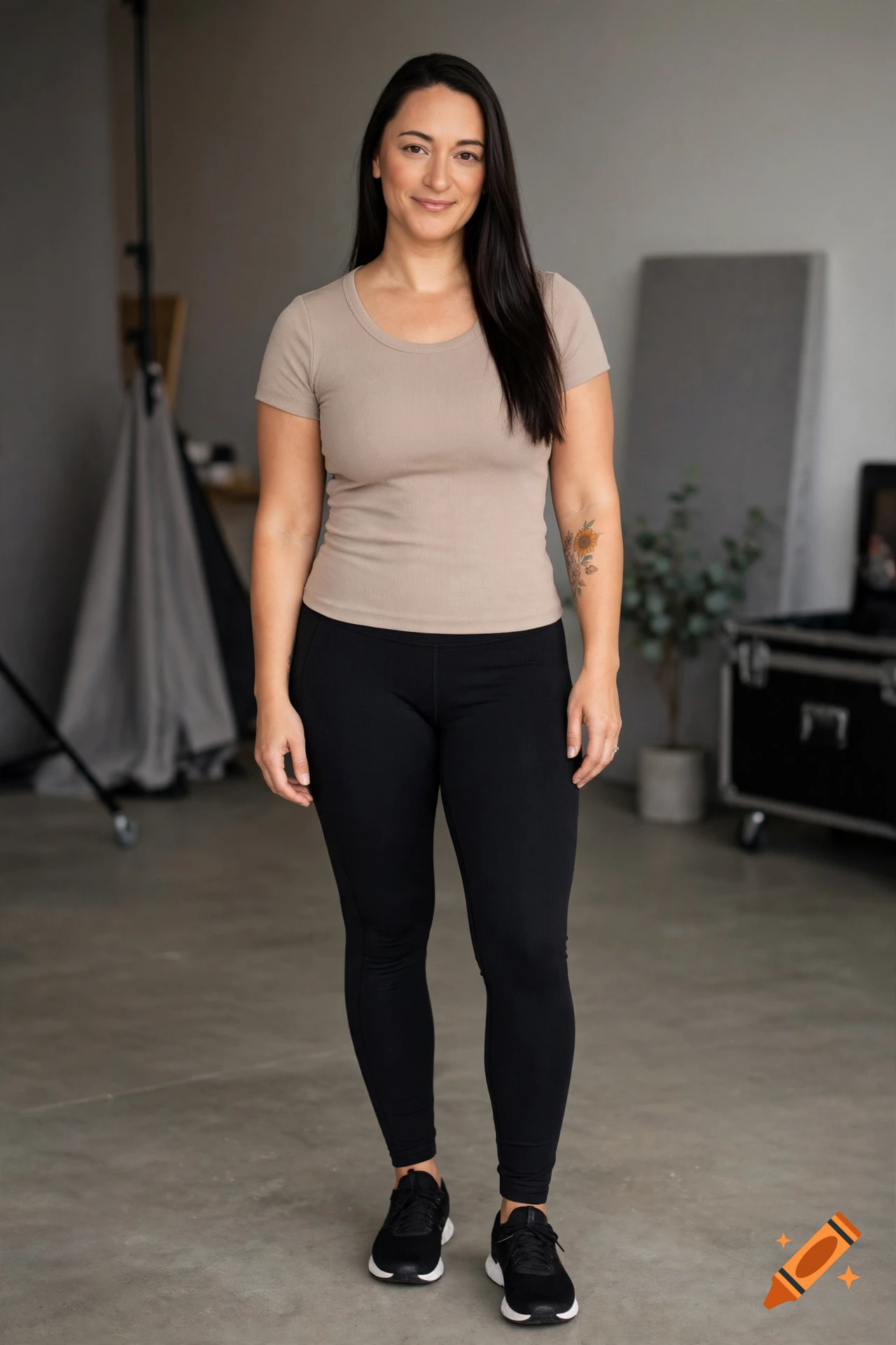 Full-body portrait of a woman with dark hair wearing a beige top and black leggings in a studio.