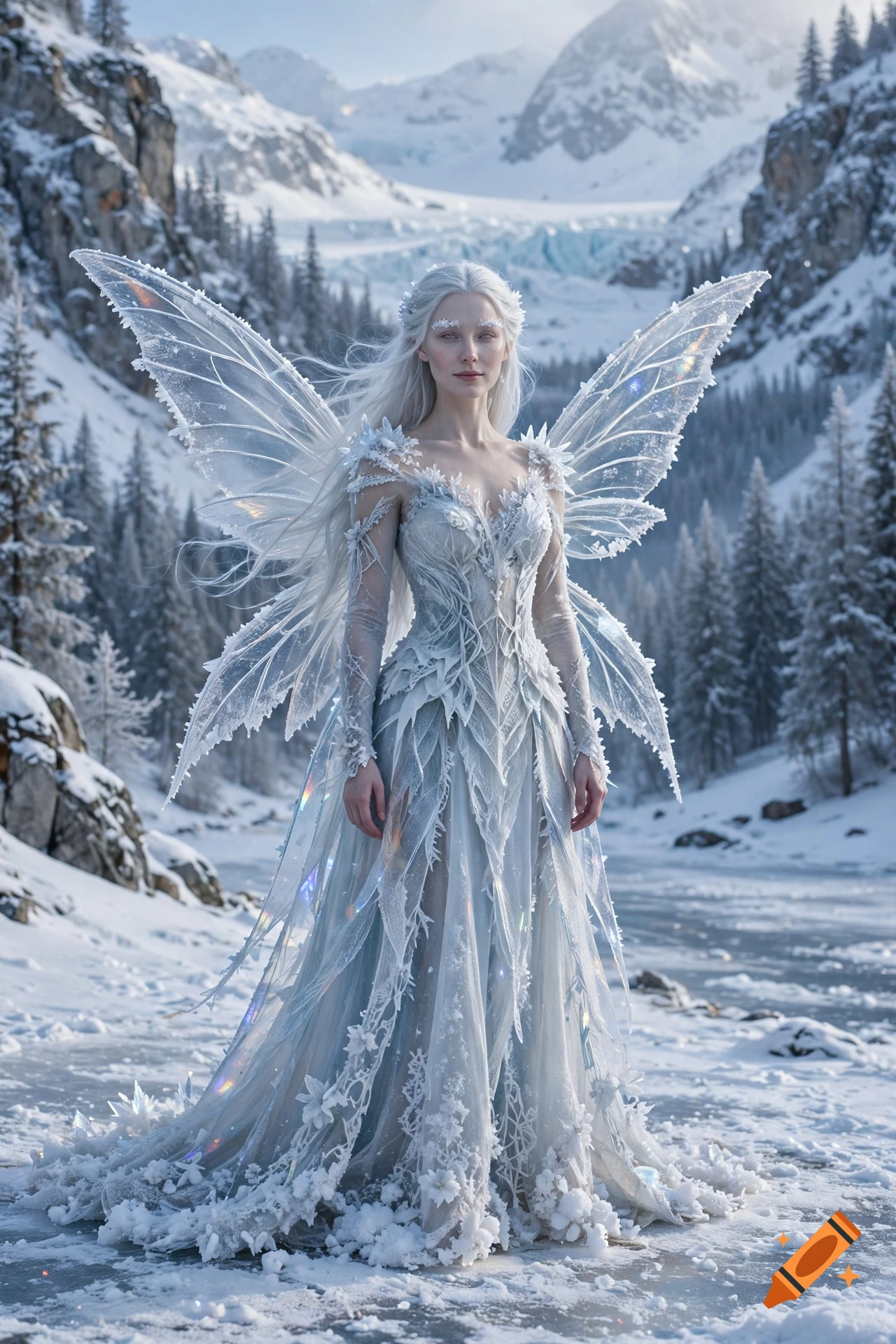 Photorealistic portrait of an ice fairy with large translucent crystal wings, standing in a snowy mountain landscape.